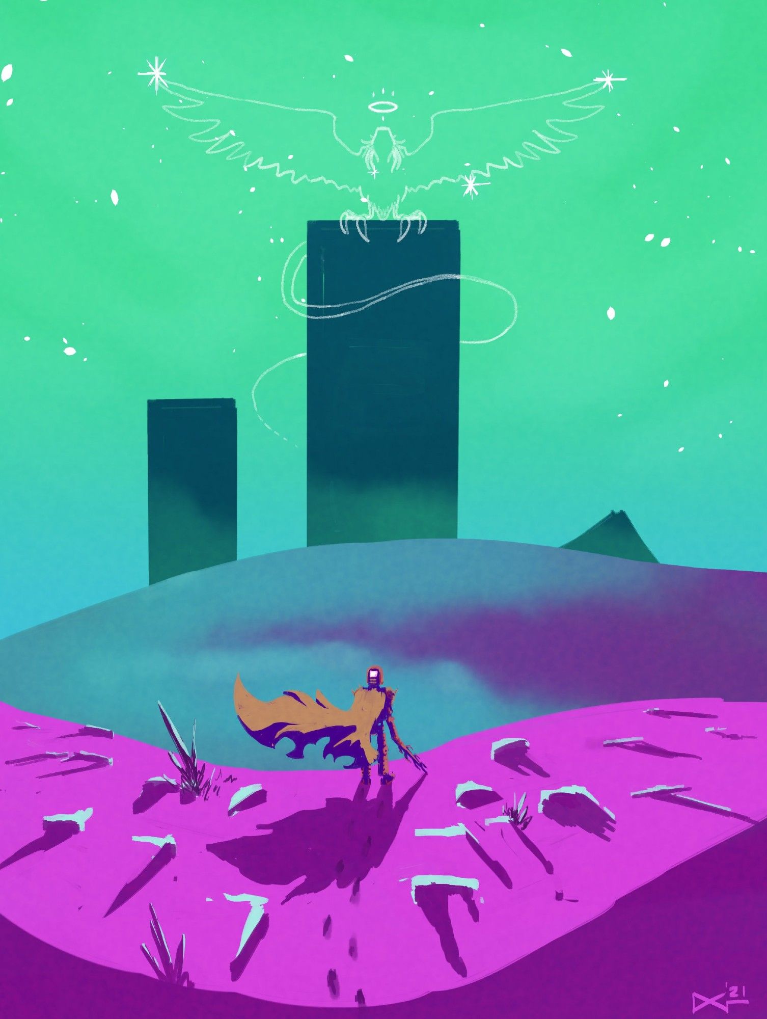 digital painting: a caped robot with a sword stands in a pink desert, gazing into the distance at three obelisks. upon the obelisk and against the green sky a headless eagle manifested by constellation spreads its wings.