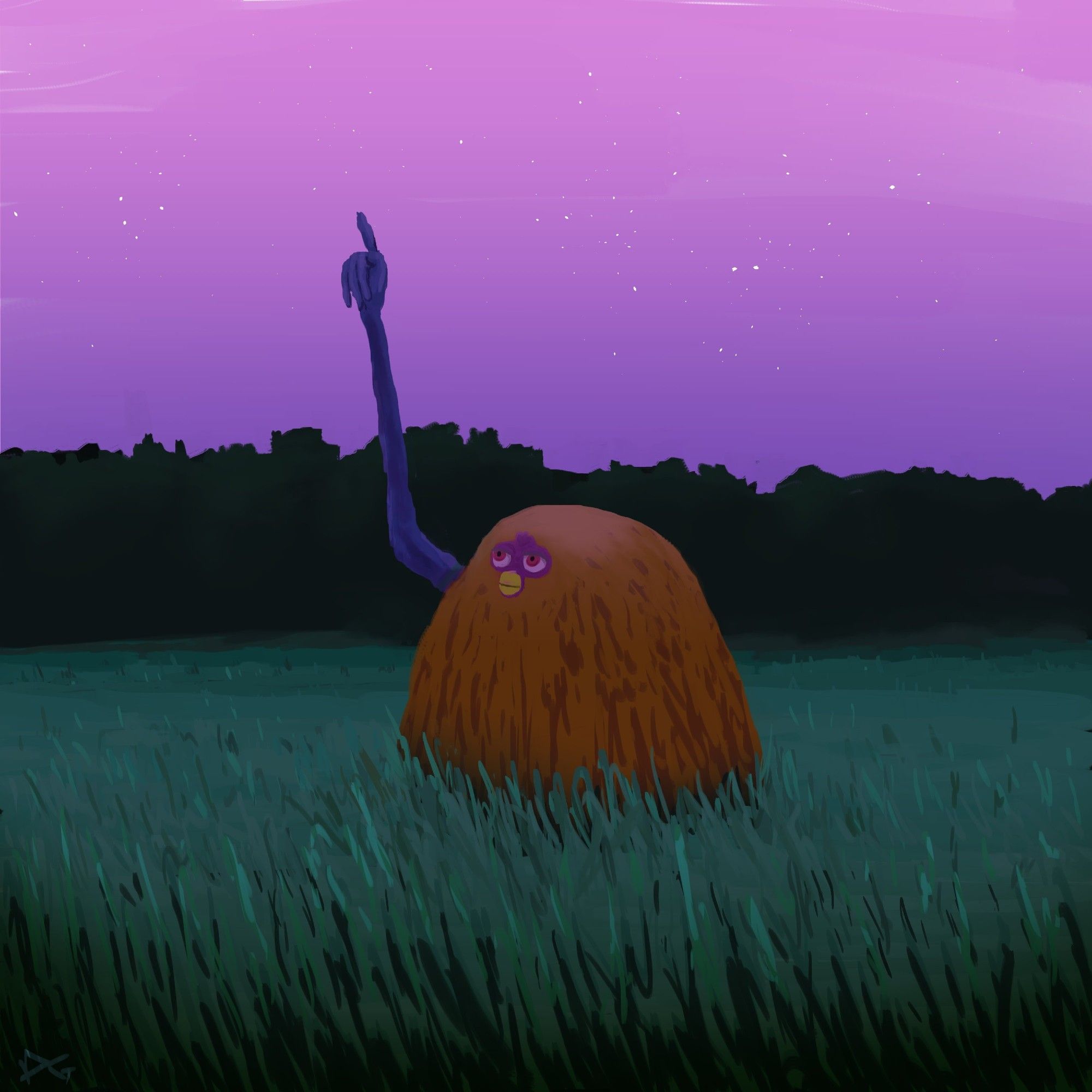 digital painting: a curious, large amorphous furby figure stands in a meadow at dusk, pointing a horrible extended arm to the stars.