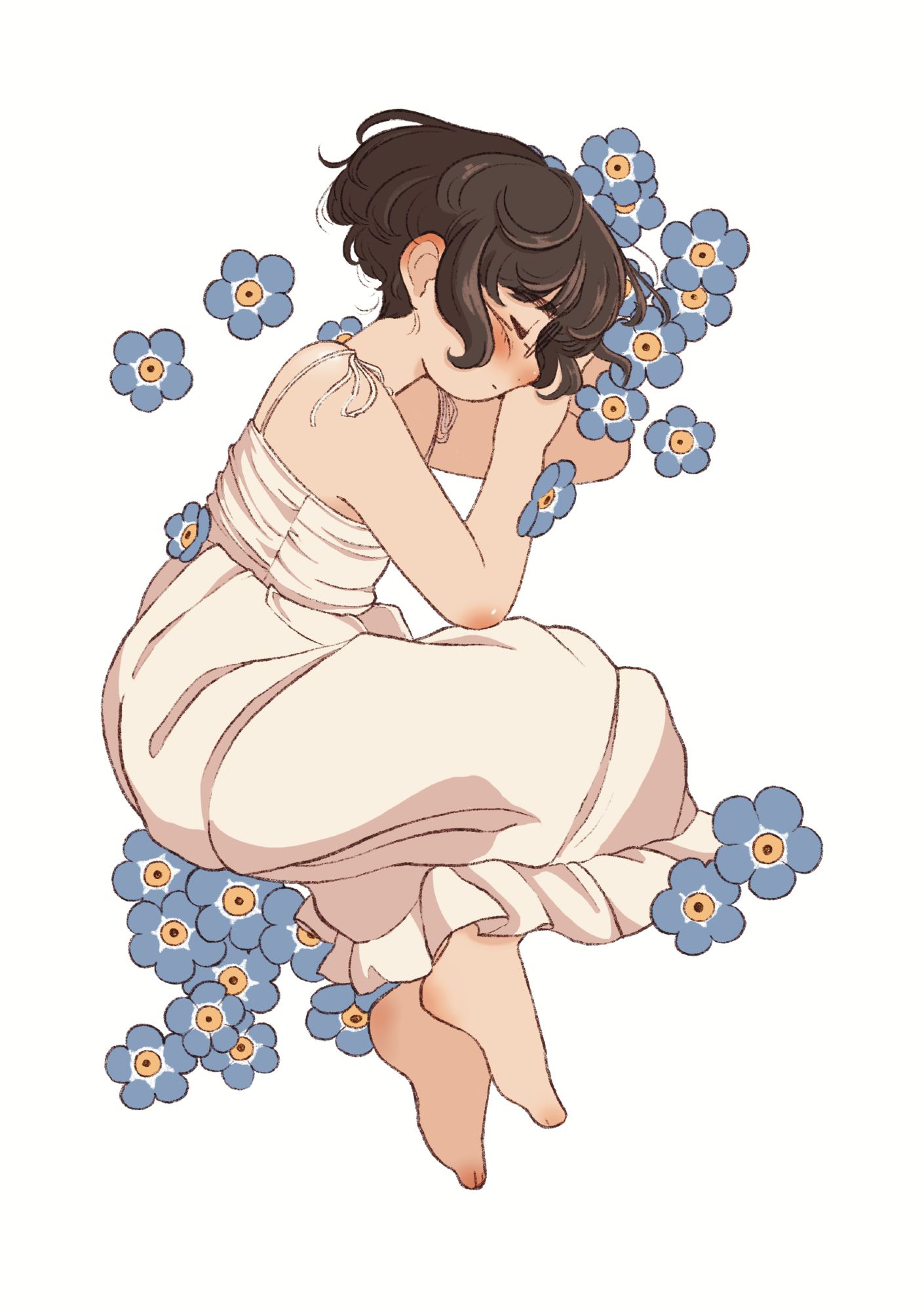 a drawing of my character, Soft. She's wearing a white dress and is laying on her side, curled up, forget-me-nots sprinkled around her.