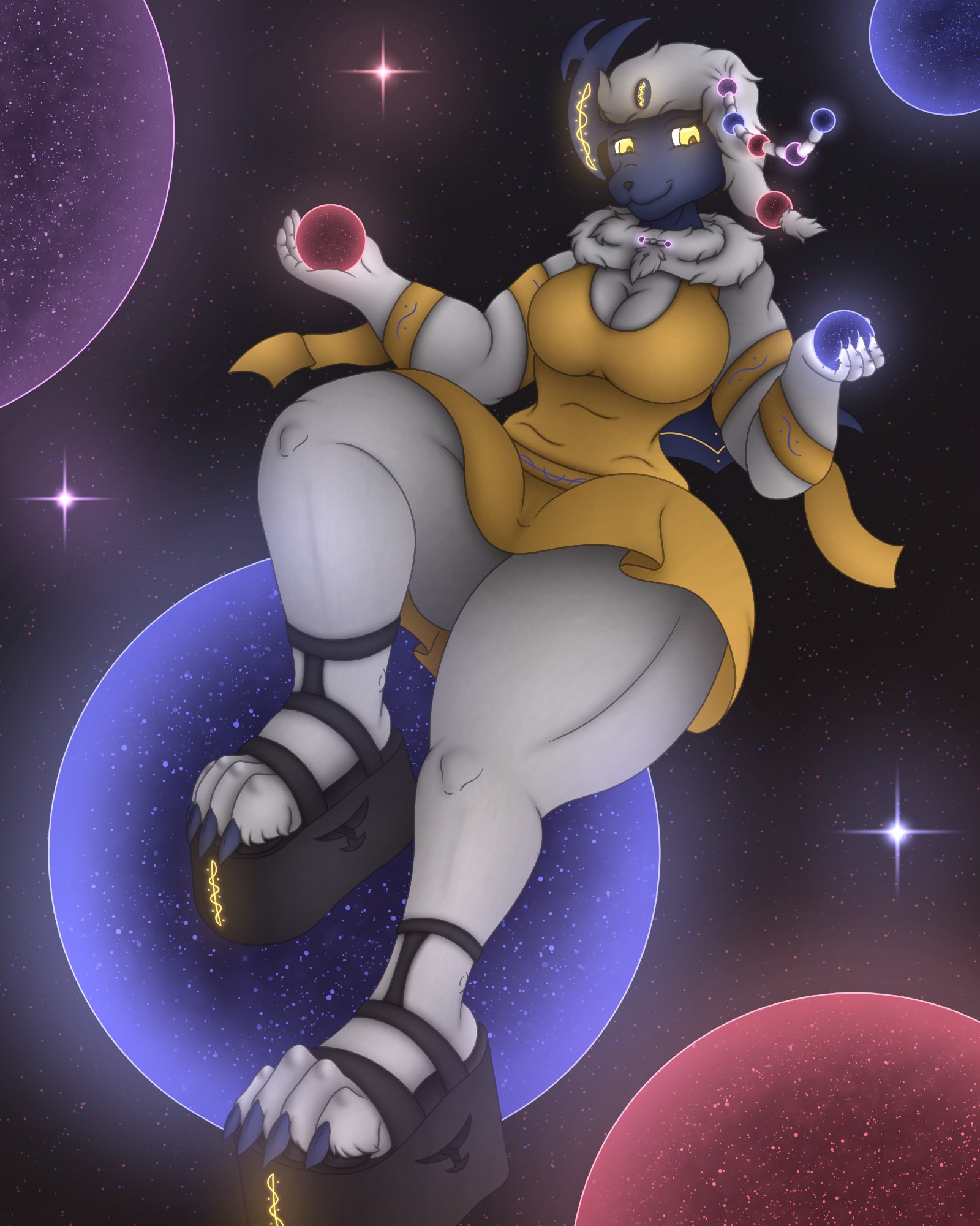 Ynaa the Absol floating in the multiverse with universes in the background and a pair in her hands. She is looking down at one with a smile. She is wearing bricklike sandals and a yellow skirt and top along with flowy armbands. Several universes are also strung down her hair.