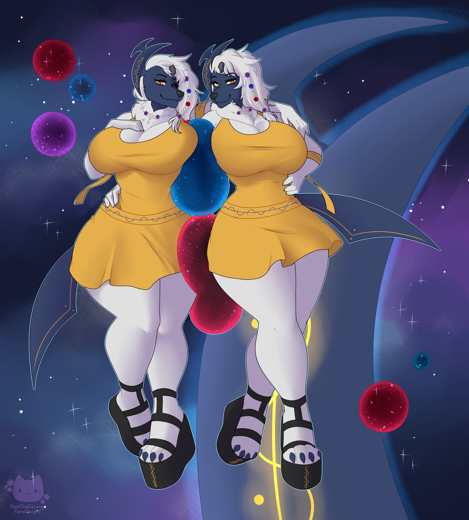 Ynaa side by side with herself with a pair of universes between her busts and hips. She is wearing a yellow skirt and top with large black sandals and she is looking towards the viewer with a smile on both bodies. Another Ynaa is partially visible in the background as evidenced by her horn. Art by KeroTheStrange