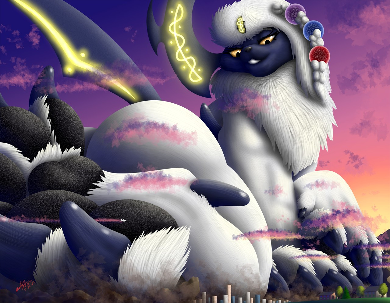 Ynaa the Absol in her original quad form being super big and looming over a city and mountains. She is looking over her shoulder at the city just to the side of her paw as clouds float around her form and even a plane flies between her toe and claw. Art by Eclipsis