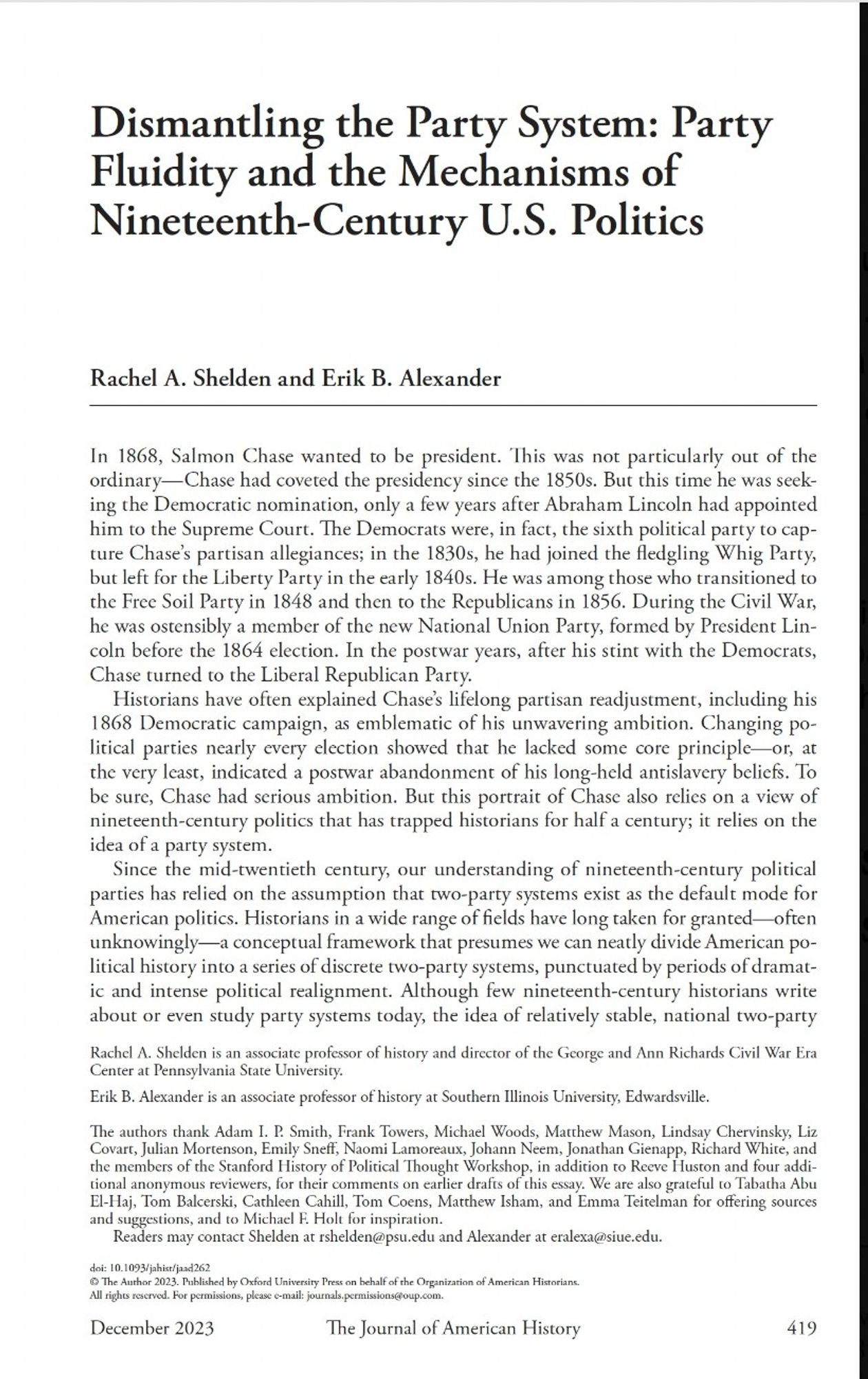 front cover of the article "Dismantling the Party System" in the December 2023 issue of the Journal of American History.