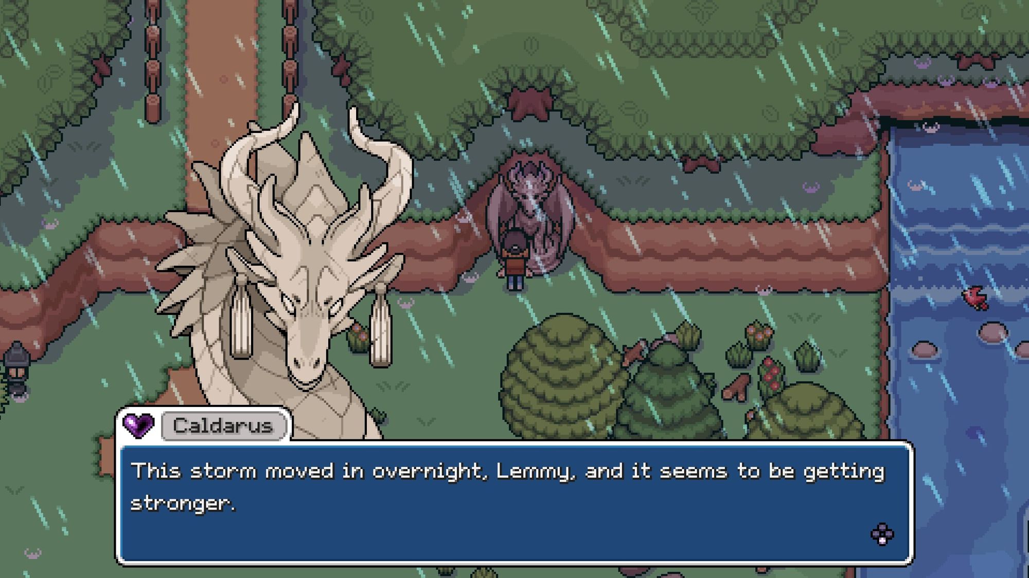 Screenshot from the game fields of mistria. It shows the dragon statue Caldarus talking to the player (in this particular case, me). The speech box says "This storm moved in overnight. Lemmy, and it seems to be getting stronger.". Next to his name above the speech box is a dark violet heart shaped icon, which is exclusively used for the romanceable characters in this game so far.