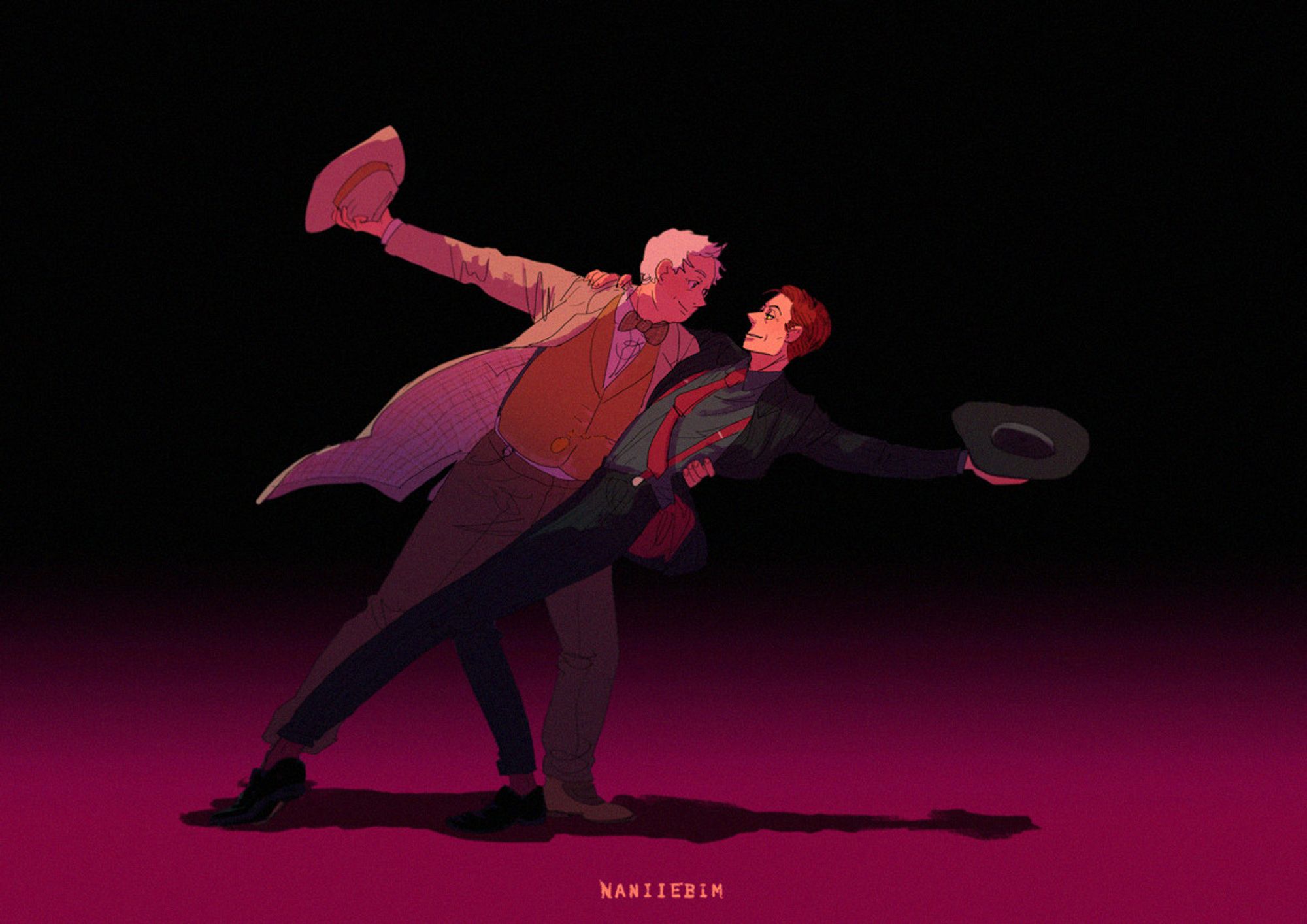 Characters Cowley and Aziraphale from the tv show Good omens on a dark stage. They are in mid Dip position in dance with Aziraphale dipping Crowley. 