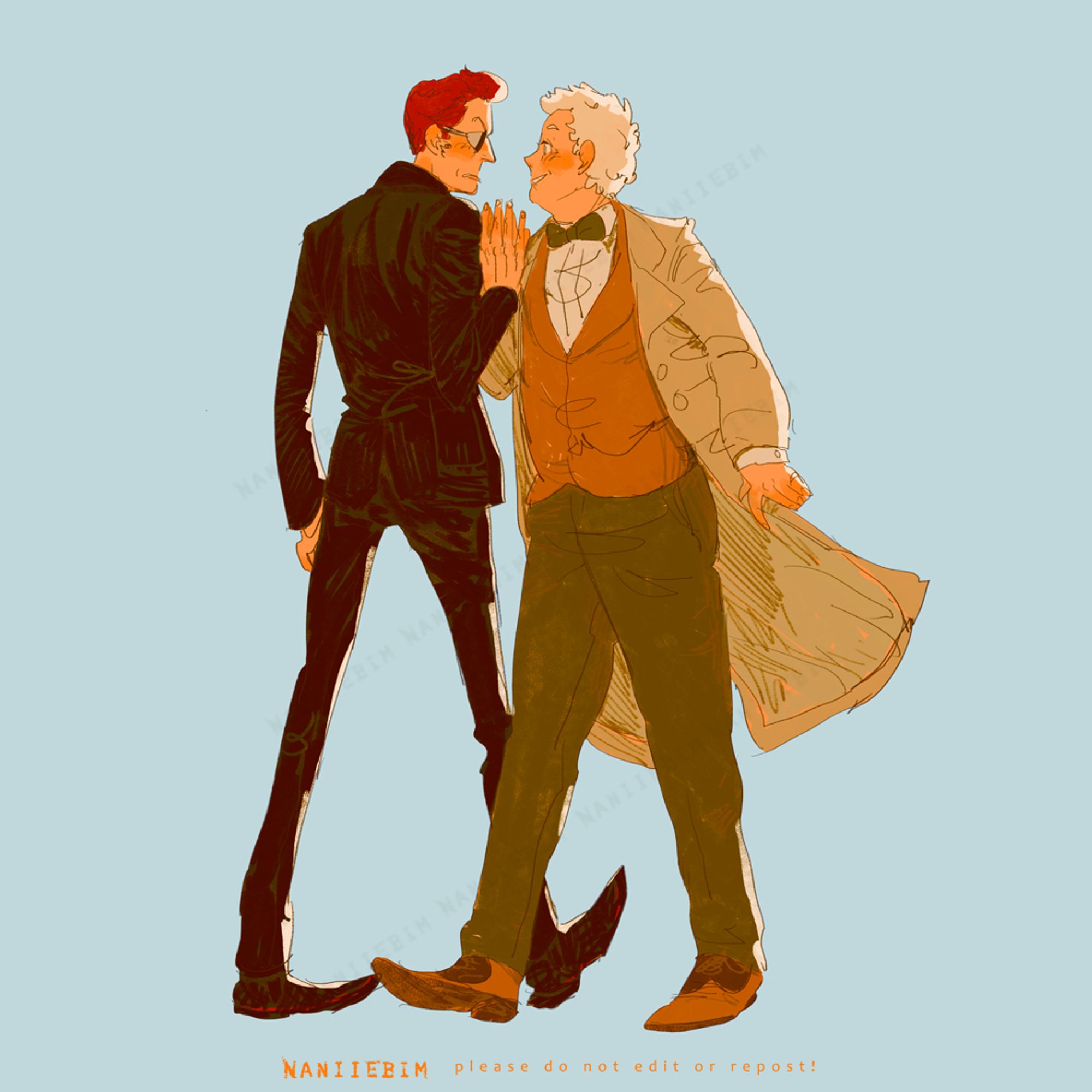 Illustrated versions of TV good omens season 2 crowley and aziraphale at the cotillion ball regency dancing, Crowley is scowling, and Aziraphale is on cloud nine.