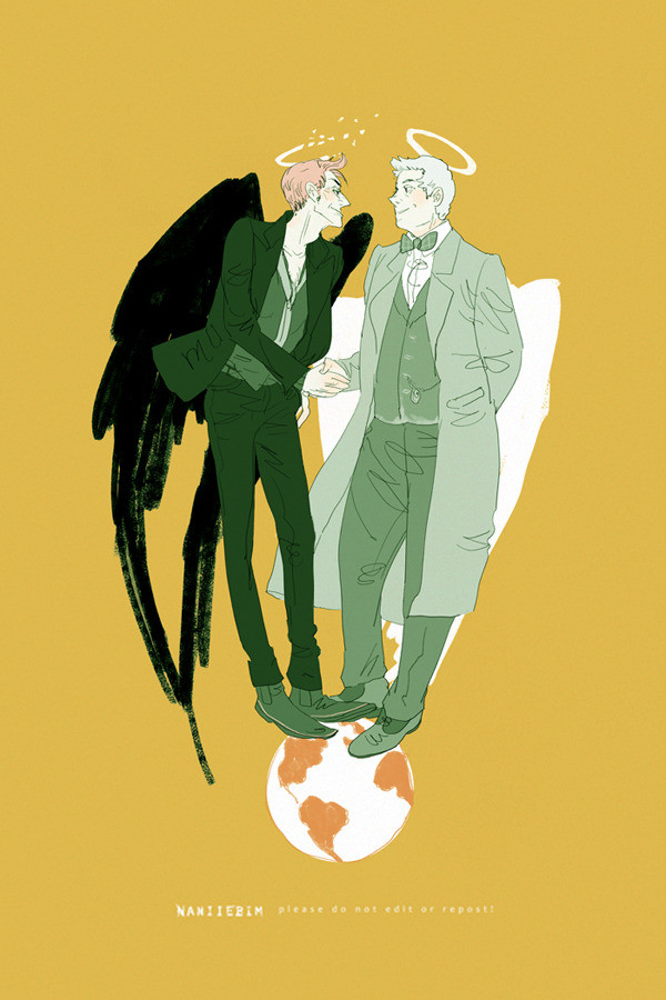 Tv vers good omens aziraphale and crowley, looking at each other fondly while grasping hands balancing on a beachball sized world globe.