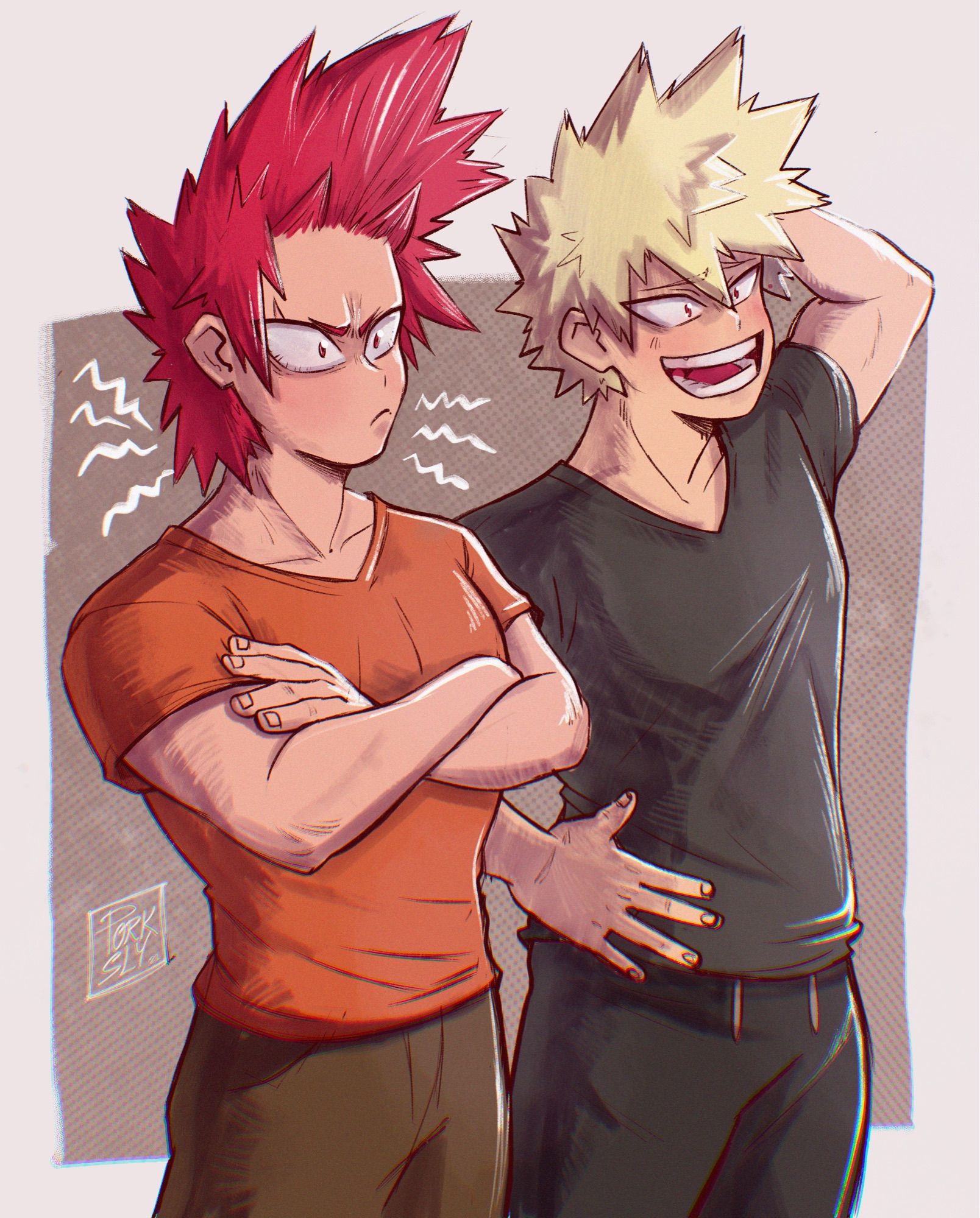 Bakugou and Kiri have switched bodies. Kiri looks grumpy and Bakugou looks happy and friendly.