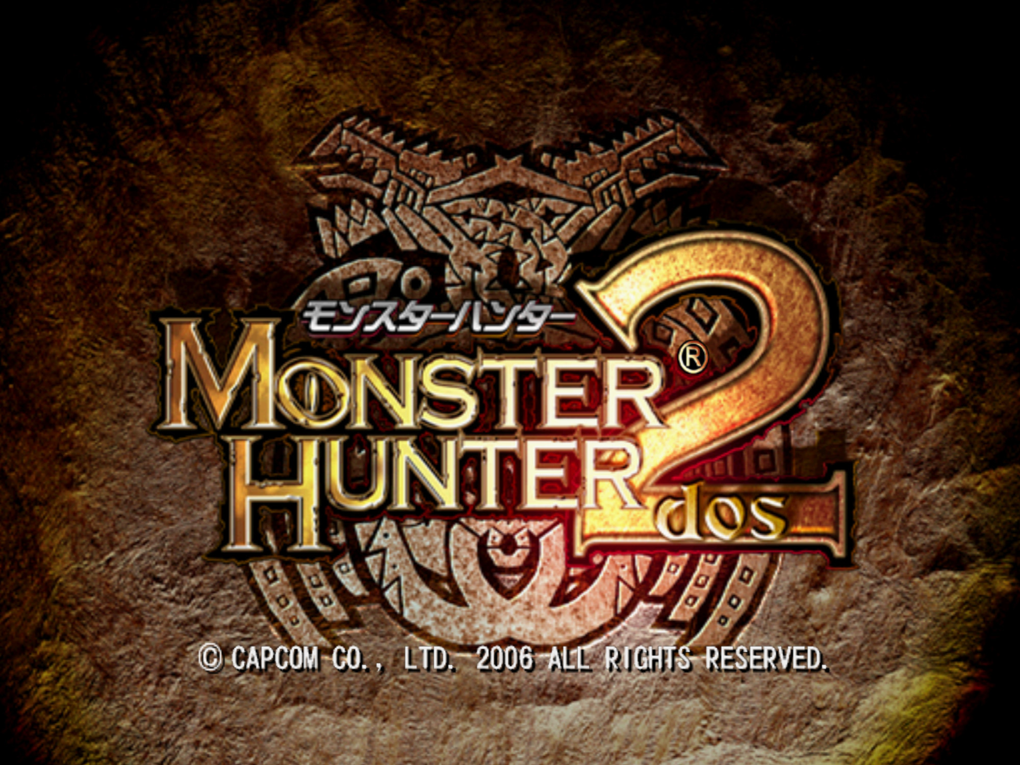 A picture of Monster Hunter 2 Dos title screen, where a dragon on a stone logo with two heads can be seen roaring to the left and right, while the MH2Dos logo is on front of it. At the bottom you can see the caption "(C) Capcom Co., LTD. 2006 ALL RIGHTS RESERVED.