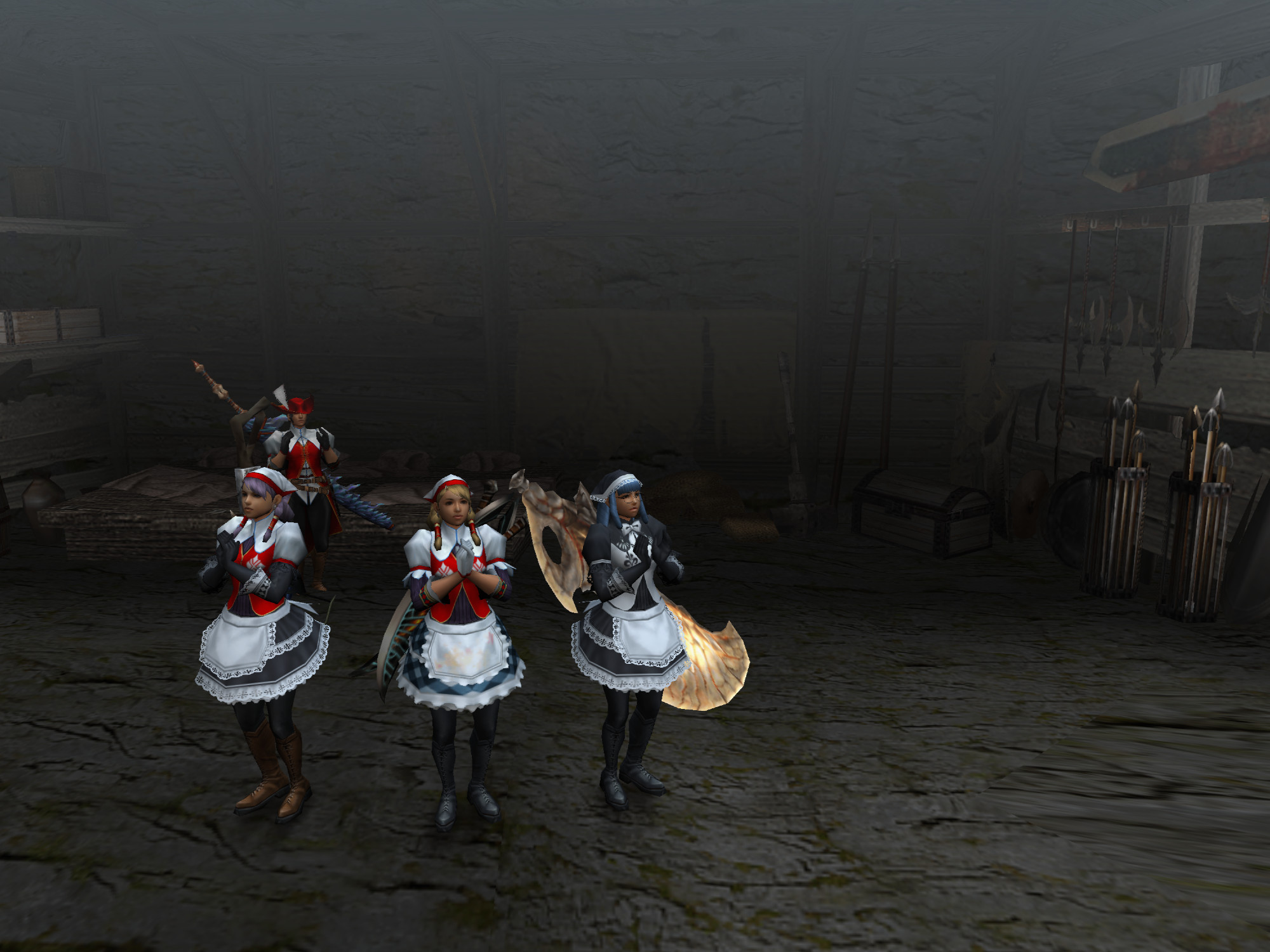 It's an screenshot of Monster Hunter 2 dos, where you can observe 3 females hunters and 1 male hunter on base 1, the left and middle female hunters are using the maiden armor set, while the one at the right is using the french maid set from dos, while the male hunter is using the red guild set from dos.

The three female hunters are closer to the camera, clapping, while the male hunter is getting up from the bed after resting.

The left maiden is using a bowgun, the middle maiden is using dual blades called "Eternal Schisms", the right maid hunter is using the white fatalis Great sword, while the red guild hunter is using The smoulder katana from Ashen lao-shan lung.