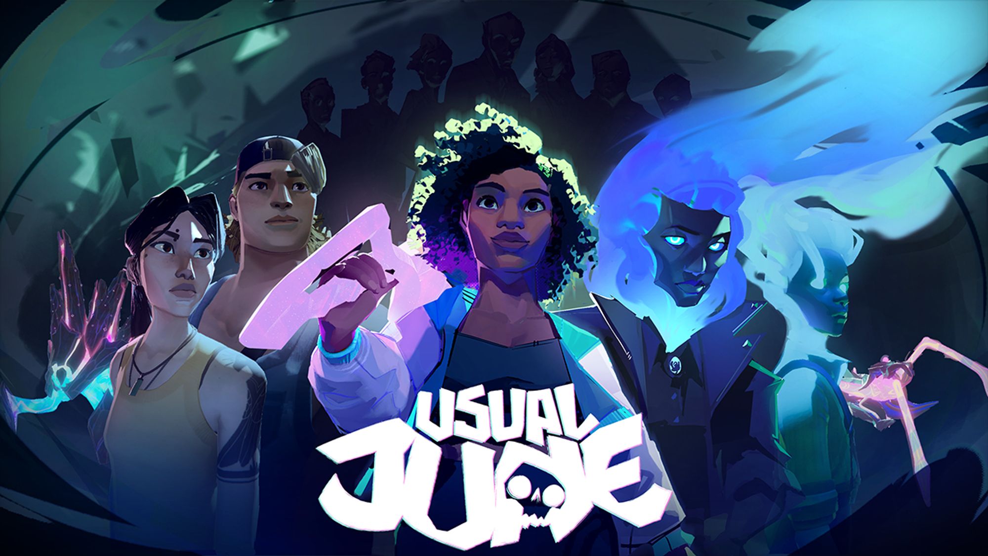 Key art for the freshly announced game, Usual June. The main character, June, stands strong, glowing weapon in hand and surrounded by three friends (2 alive, 1 a ghost), while ominous figures lurk in the darkness behind them.