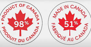 A picture of two labels, one product of Canada, which means that 98% of the product has incurred in Canada or made in Canada, which means that 51% of the product has incurred in Canada either way you're helping your fellow Canadians
