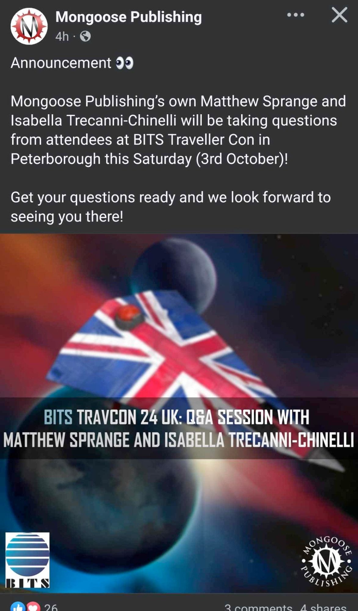 Saturday in Peterborough, Cambs BITS TravCon 24 takes place. Mongoose Publishings Matt and Isabella are attending a Q&A session. This is from Facebook.