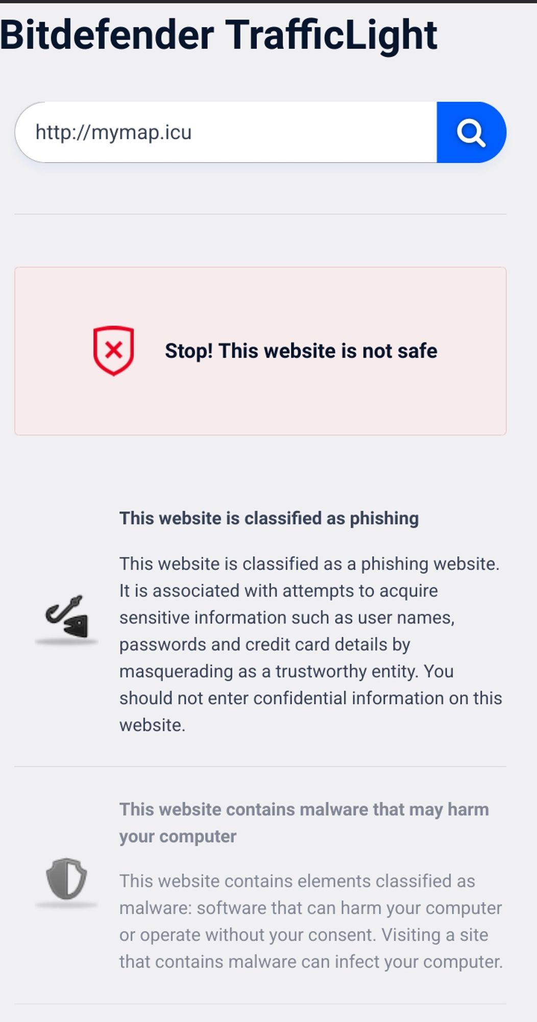 a Bitdefender page analyzing the shortened URL and determining that it's a phishing link