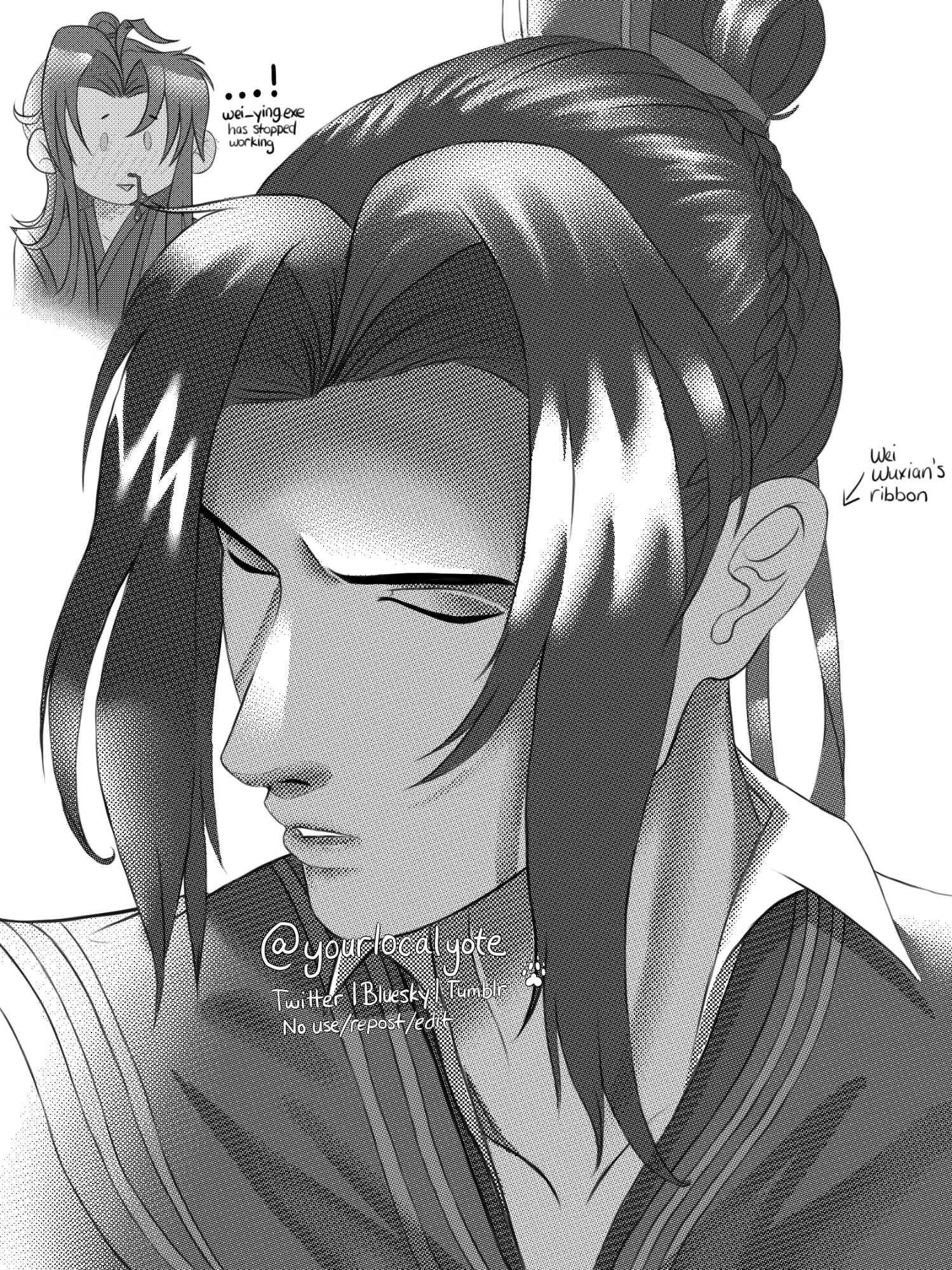 B&W art of Jiang Cheng with a chibi Wei Wuxian in the background (help him he's speechless)