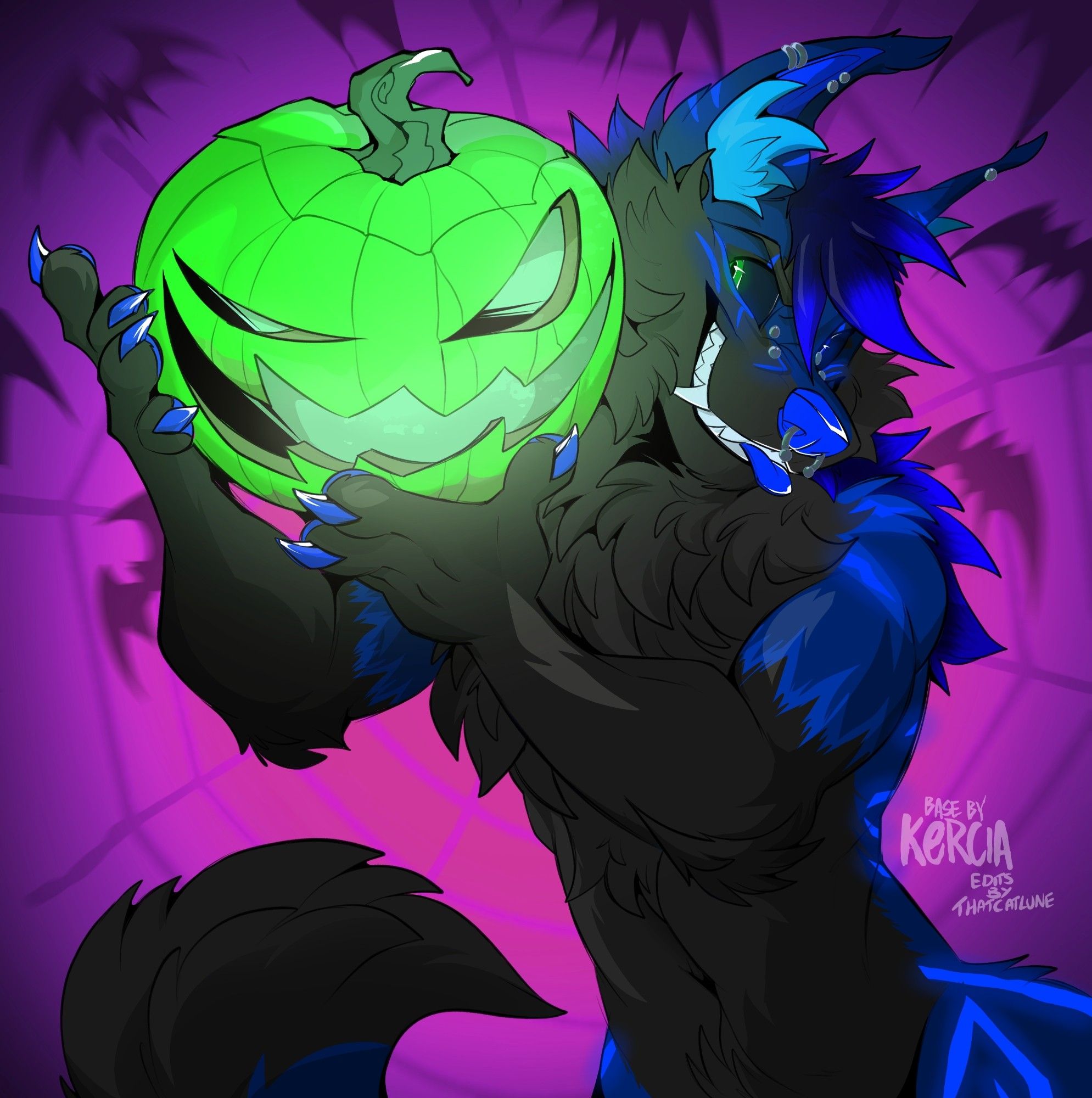 A black and blue canine is grinning madly while holding up a green glowing pumpkin with a menacing face. In the background is pinky purple spider webs and bats.