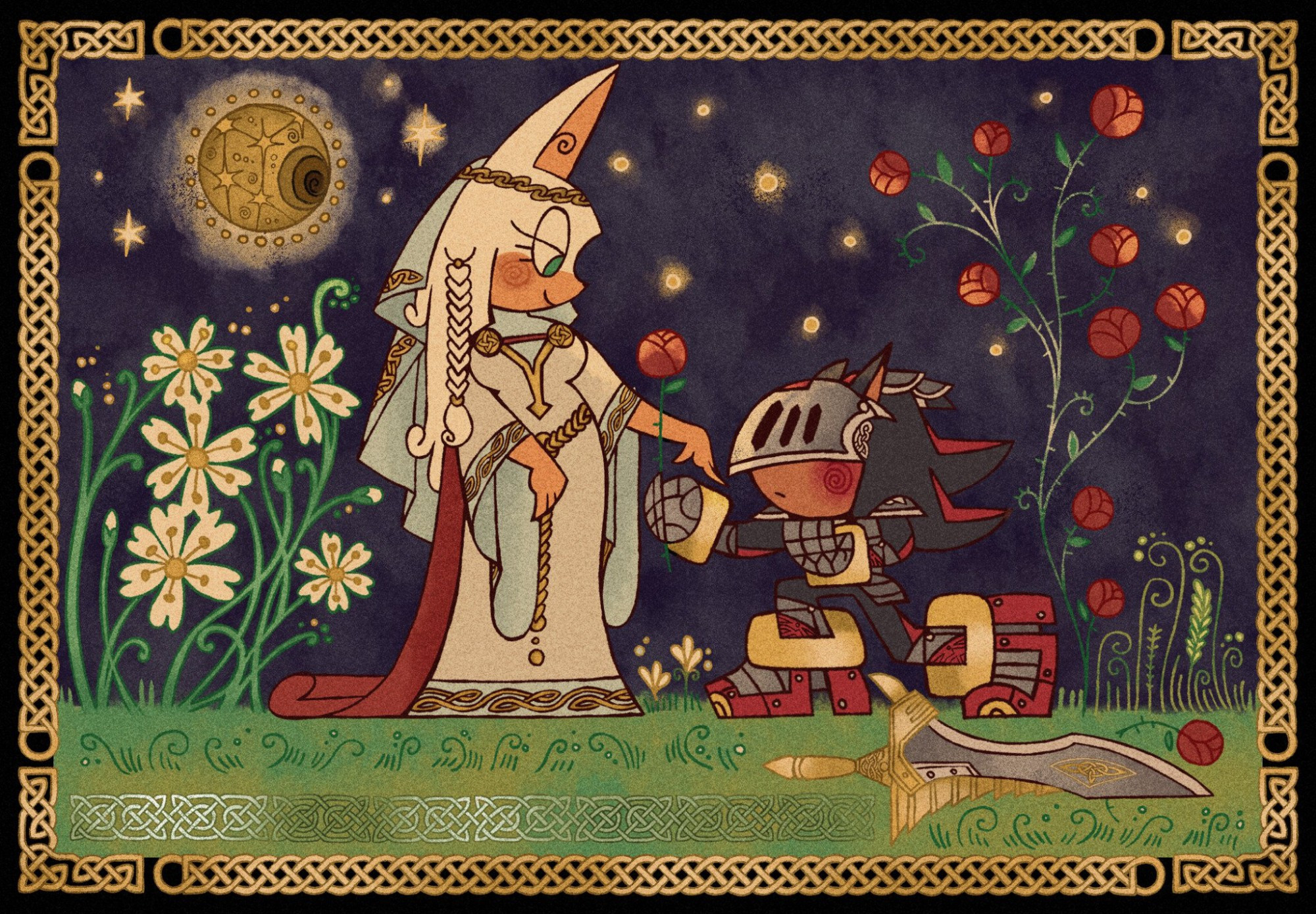 A tapestry-like illustration of Rouge the Bat as Guinevere and Shadow the Hedgehog as Lancelot, facing eachother in a garden at night. Guinevere is looking down tenderly at Lancelot, offering her hand for a hand-kiss. Lancelot is kneeling in front of her, offering a rose while his sword lays beside him.