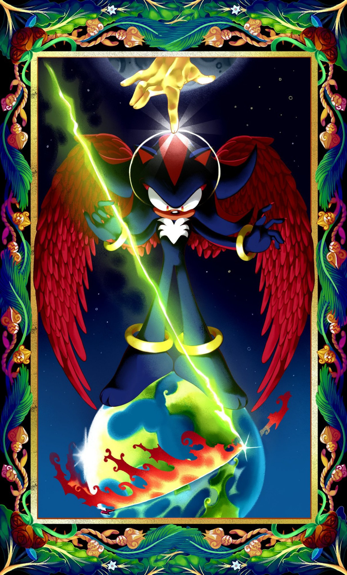 Fanart of Shadow the Hedgehog in a tapestry/painting style. Shadow is standing atop the Earth, drawing a ring of fire on it with a Chaos Spear. Shadow has big red wings and a halo. Above him, a golden human hand is reaching down to touch his halo with its finger, emitting rays of light upon contact. The moon is behind it.
Around the scene is a golden frame richly decorated by vegetation and flora.