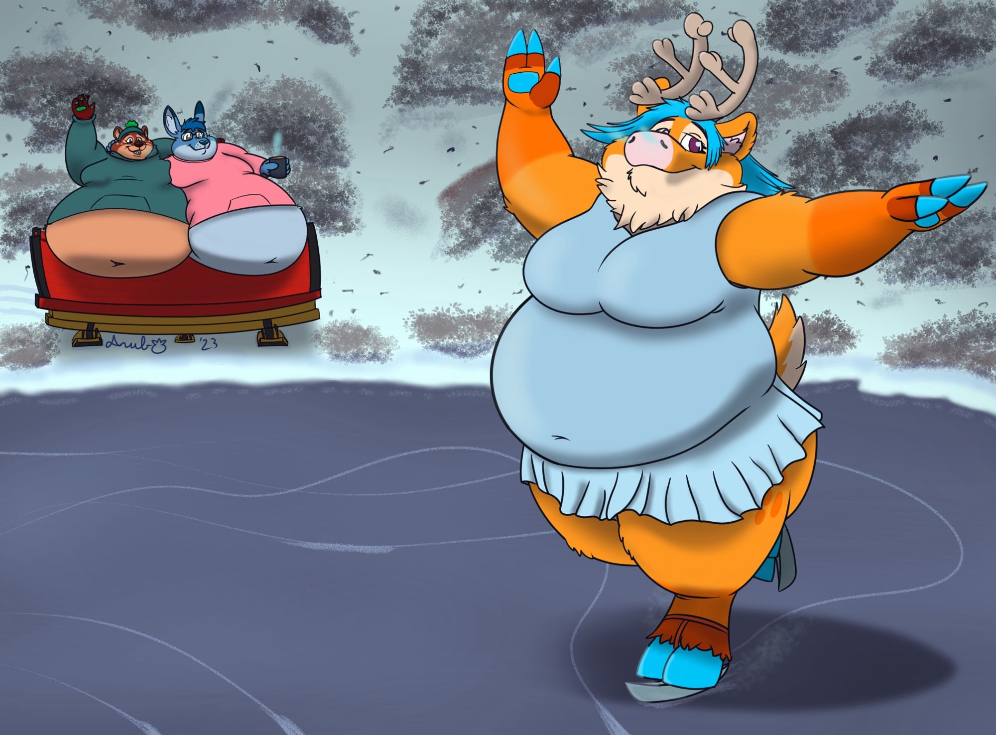 Reno as a reindeer ice figure skater on a frozen pond with a grassy hill occupying the background. At the left sits Reno’s tubby pals Gil and Kygen in a sleigh bowing from the weight. The ground is covered in snow while plant-life and rocks peek put above.