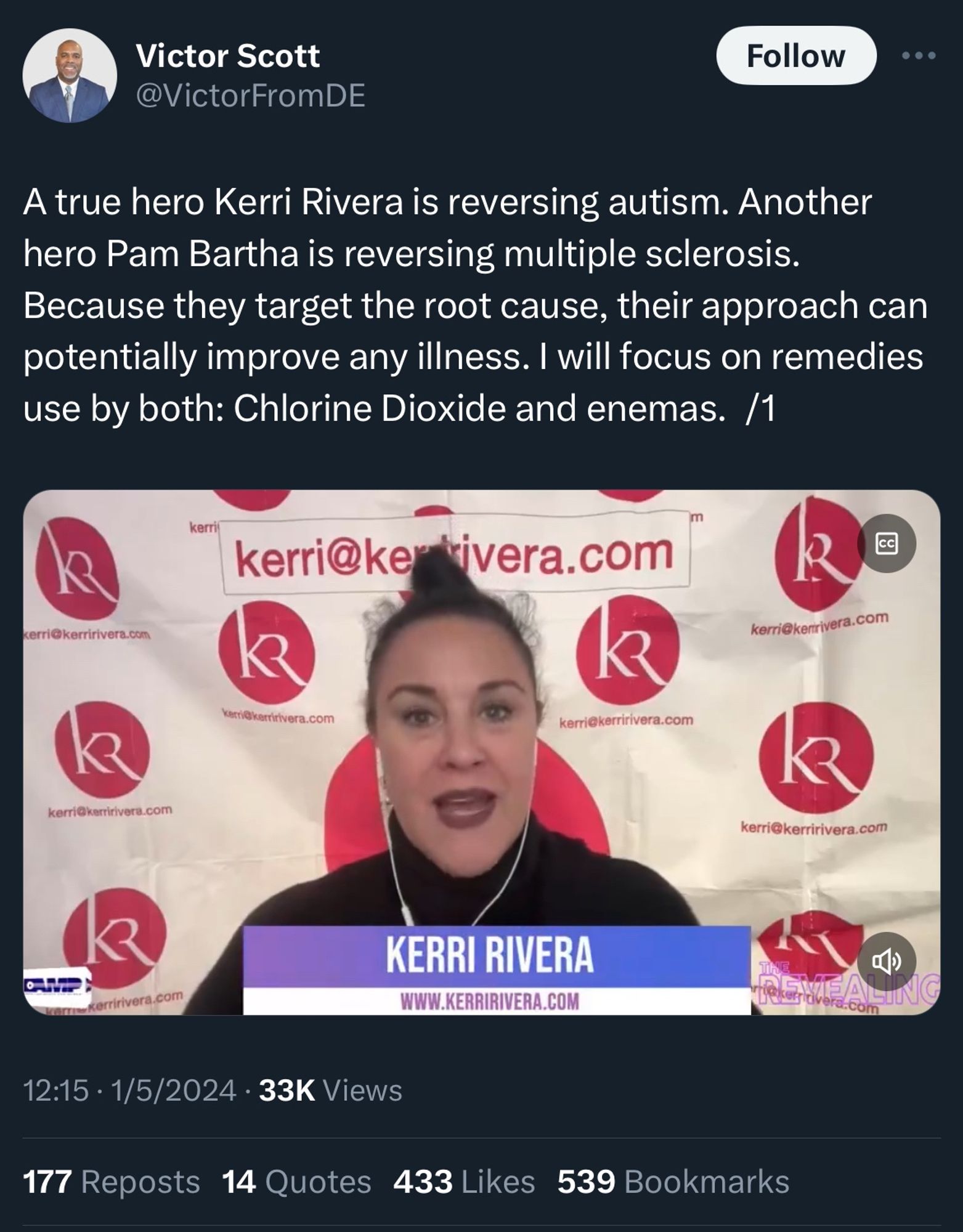 Victor Scott
@VictorFromDE

A true hero Kerri Rivera is reversing autism. Another hero Pam Bartha is reversing multiple sclerosis.
Because they target the root cause, their approach can potentially improve any illness. I will focus on remedies use by both: Chlorine Dioxide and enemas. 

12:15 • 1/5/2024 • 33K Views
177 Reposts 14 Quotes
433 Likes
539 Bookmarks