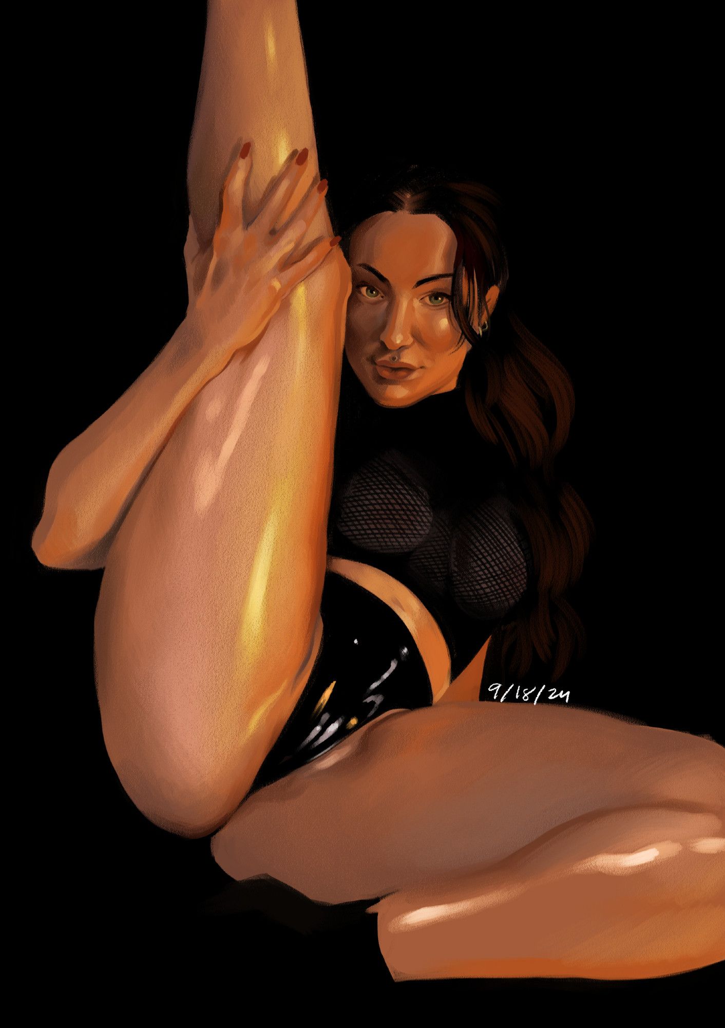 A painted study of a woman in black latex panties and a mesh crop top. Her legs are spread, with one being held straight up in the air. Her gaze is fixed on the viewer, with the tiniest smile tugging at the corners of her mouth. Her skin is oiled so that it appears to glow in the light.