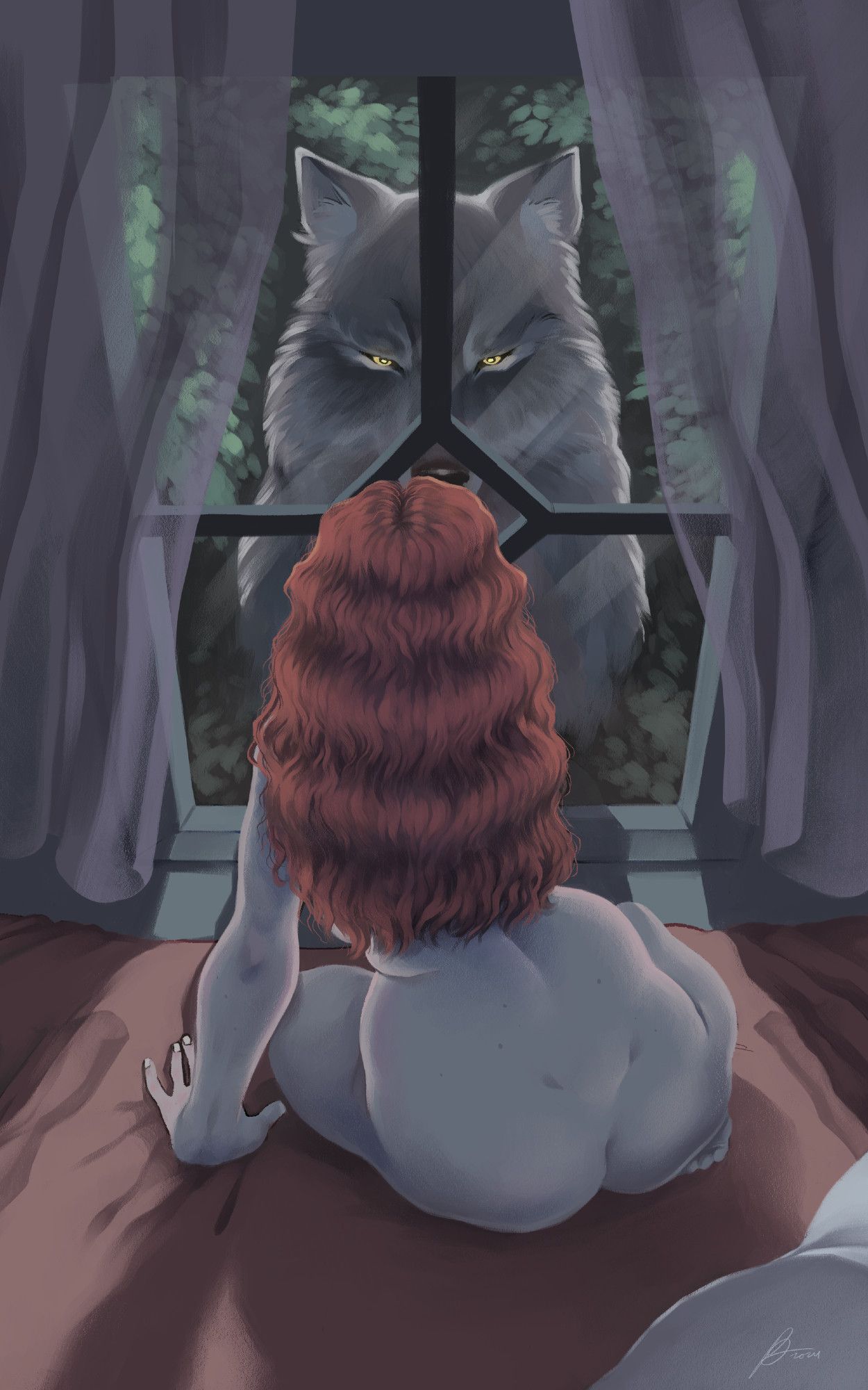 A digital painting of a nude woman with pale skin and thick, wavy red hair. She's staring out her bedroom window at a large, gray wolf with piercing yellow eyes.