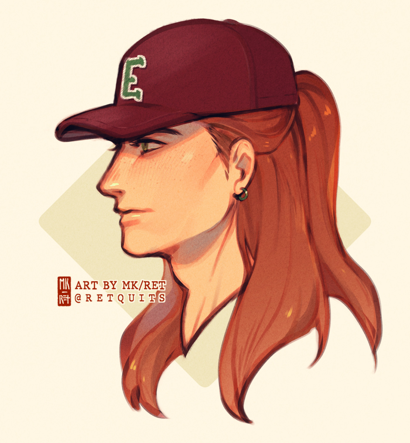 Headshot fanart of Elliott from Stardew Valley on a plain off-white background. He's drawn in a profile view, facing left and staring straight forward with a neutral expression. He's wearing a red baseball cap with the letter "E" on it, and his hair is tied half up. End ID