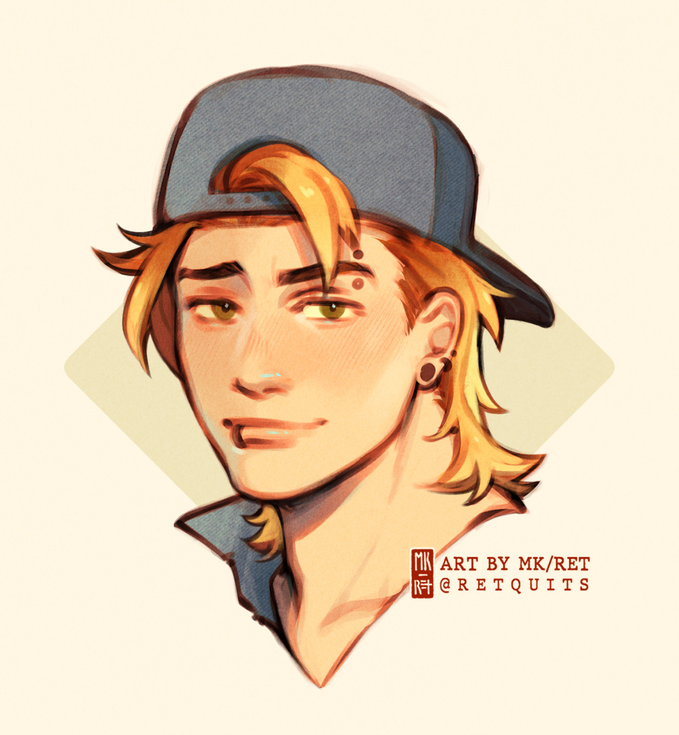 Headshot fanart of Sam from Stardew Valley on a plain off-white background. He's smirking at the viewer with one eyebrow raised. He's wearing a denim baseball cap that's on backwards. End ID