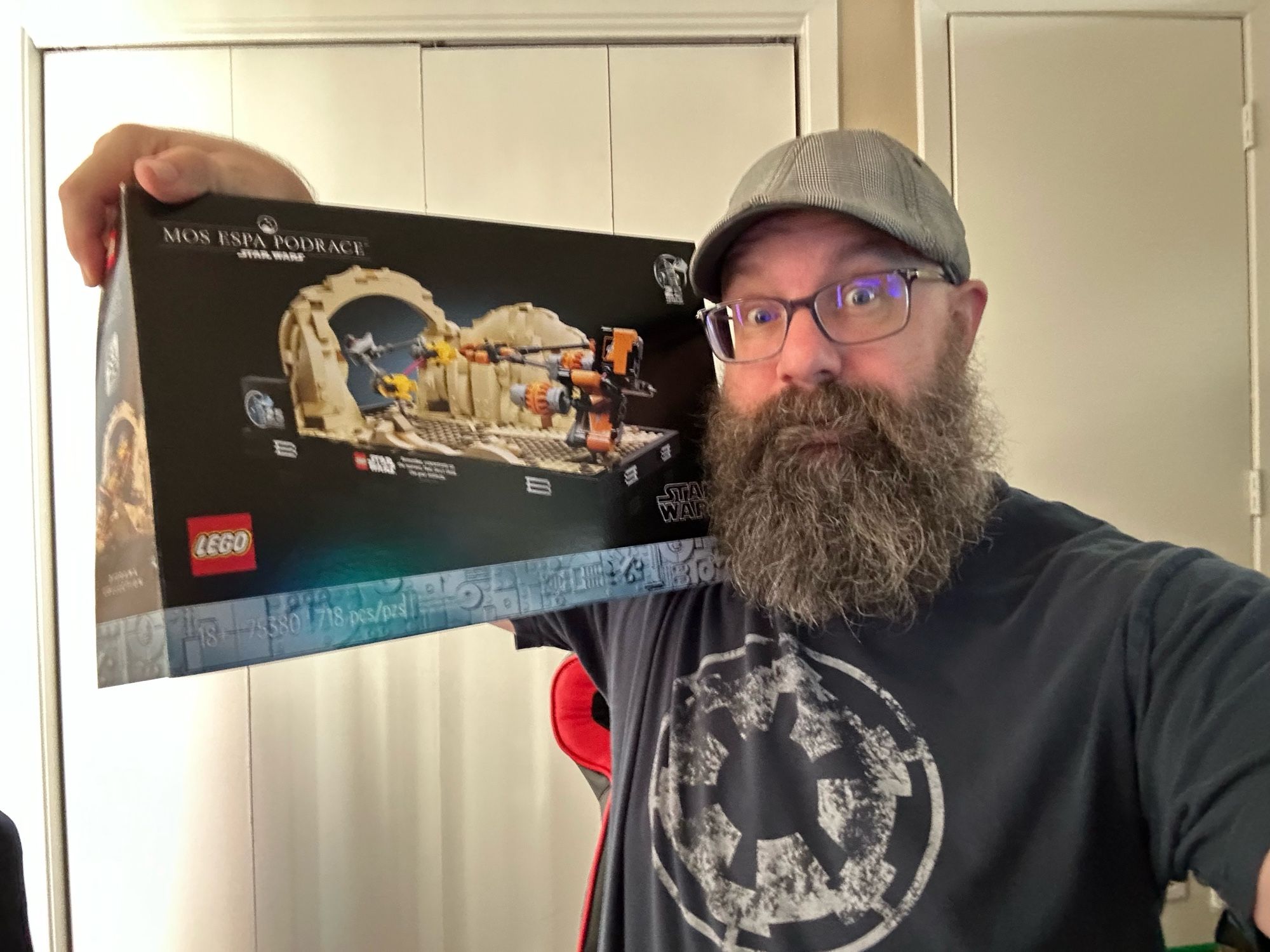 Bear holding up the box for Lego Set 75380 - Mos Esp Pod Race. Part of the Diorama Series