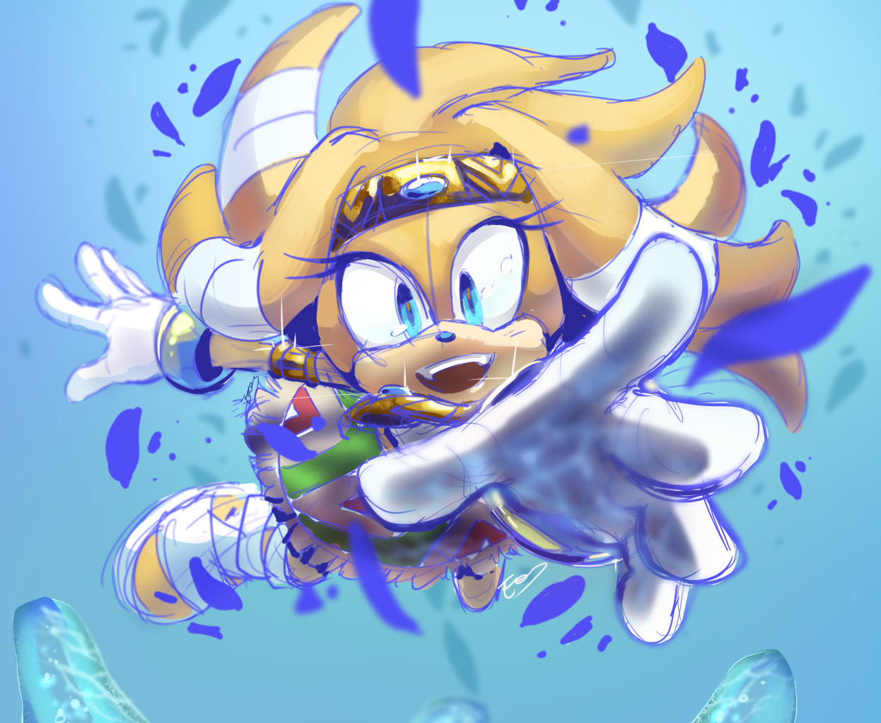 Tikal flying/ falling towards the outstretched fingers of Chaos below, the water reflecting off her hand. It's a very sketchy piece.