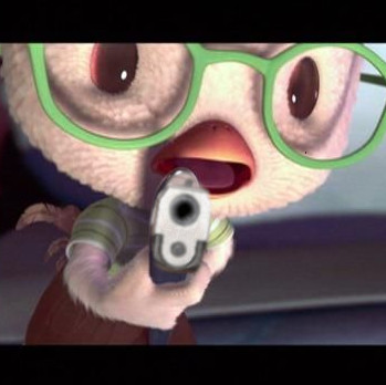 chicken little pointing a fucking gun at you. be scared. boo!