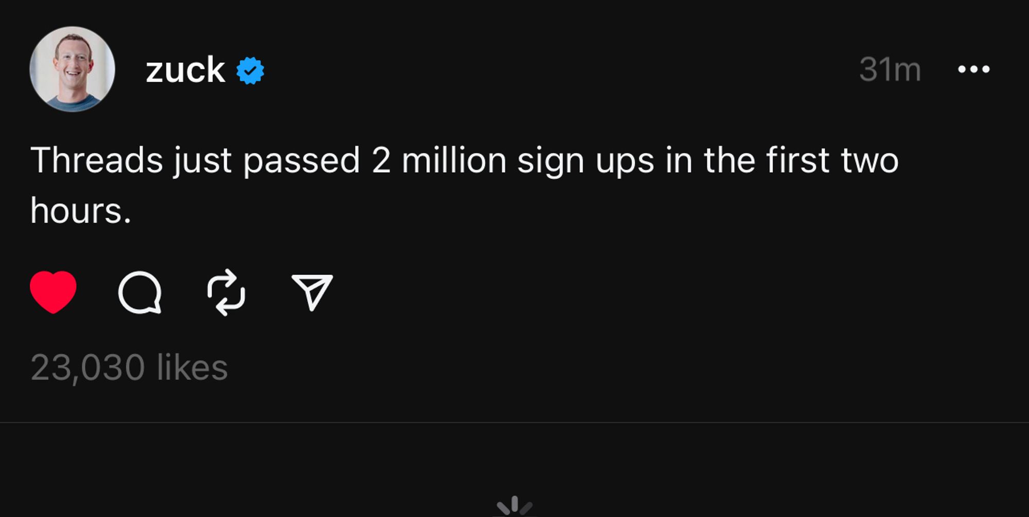 Mark Zuckerberg: Threads just passed 2 million sign ups in the first two hours.