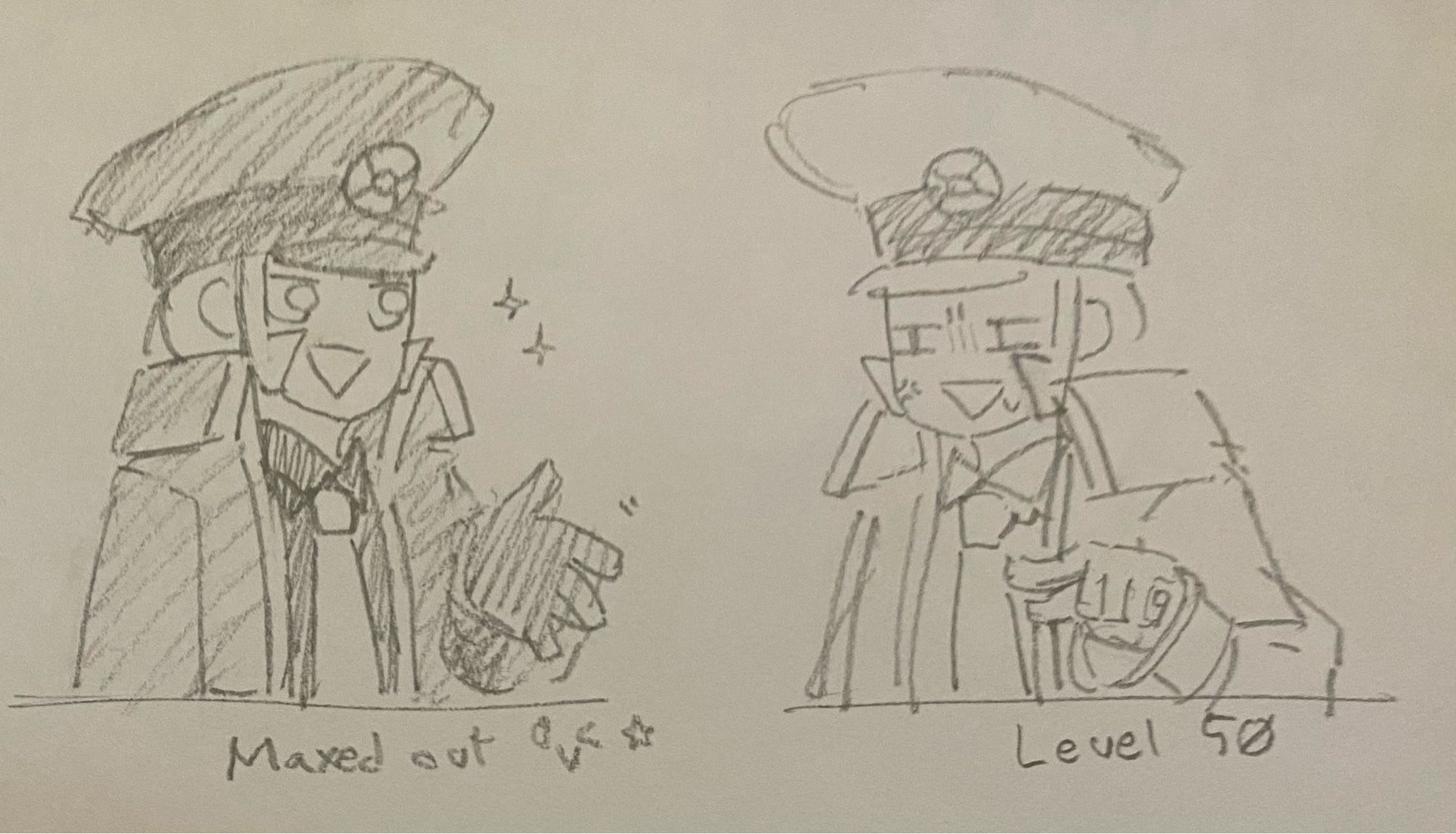 two versions of the same character, but one is cheerful while the other is upset. they both have peaked caps, big collared coats, ties, and truncated triangle sideburns. the one on the left has more shading (to indicate different colors) than the one on the right.