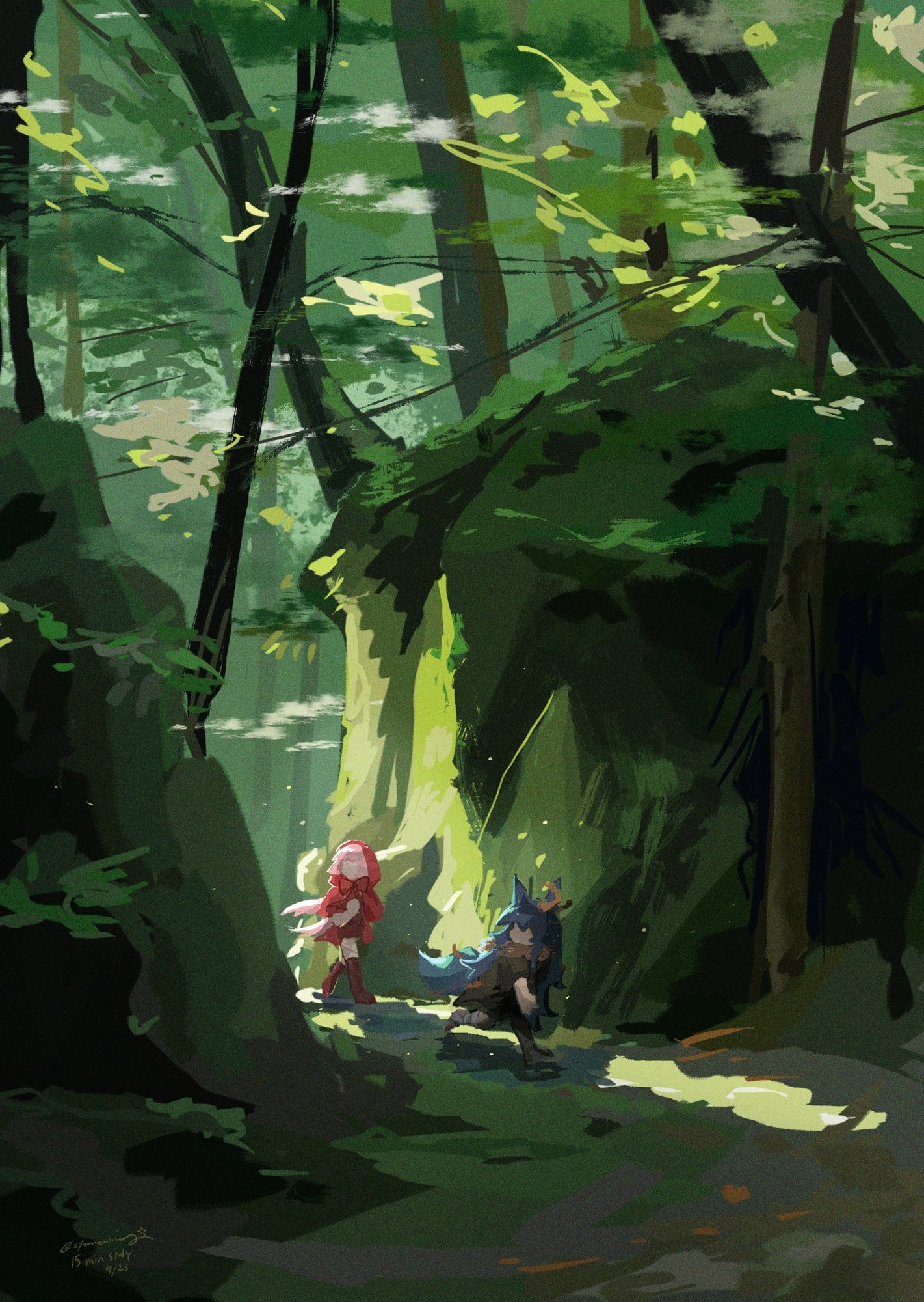 An image of two characters walking through the woods, surrounded by dappled sunlight. The pink-haired girl lingers behind the blue-haired, wolf-like character.