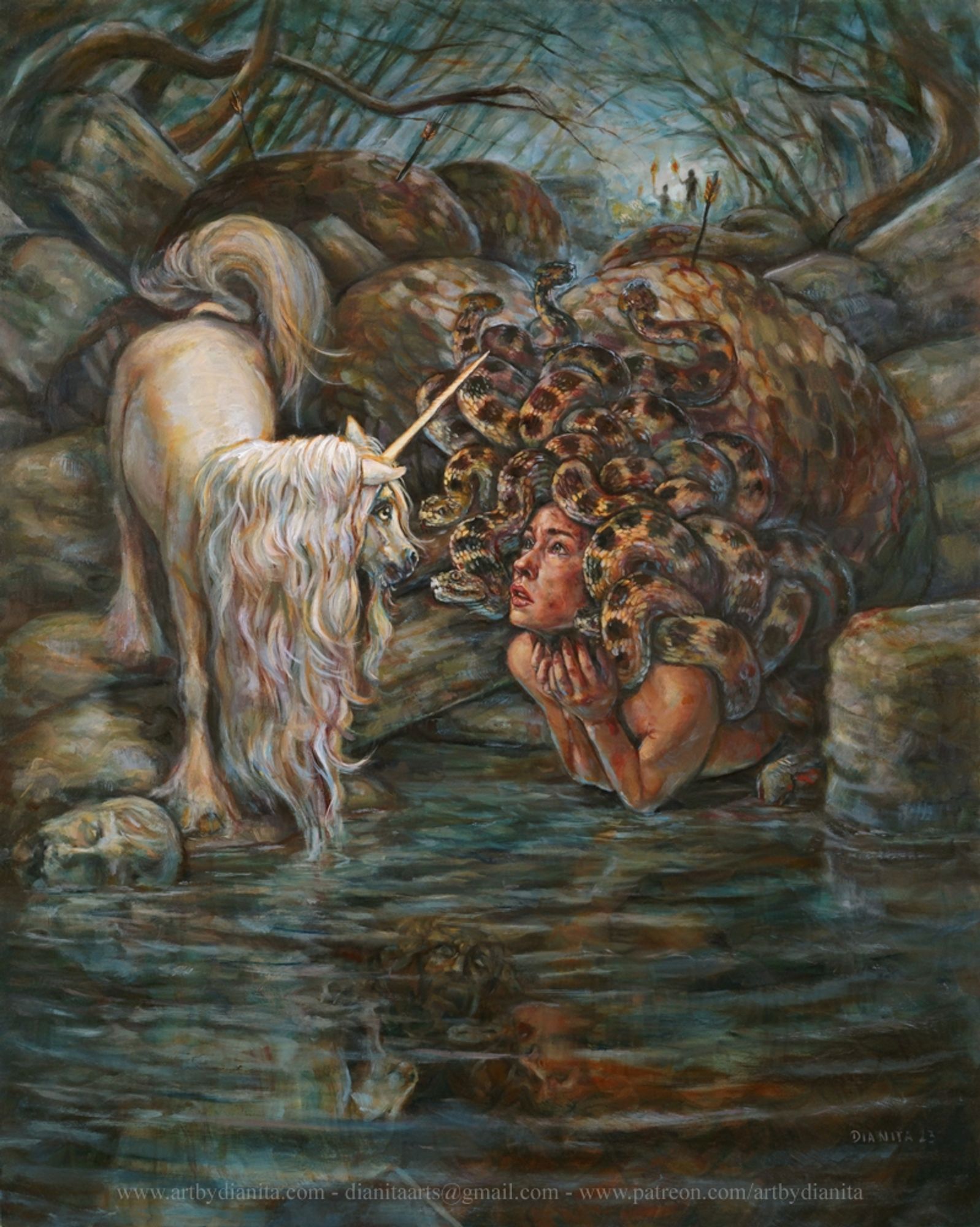 A painting featuring Medusa surprised by the unicorn who appeared in front of her. They're on the edge of a pond, surrounded by rocks and a dark forest. Way in the background we see people with torches. On the water we see a head made of rock and between their reflections in the water there's also a terrified head in the bottom of the pond or river.