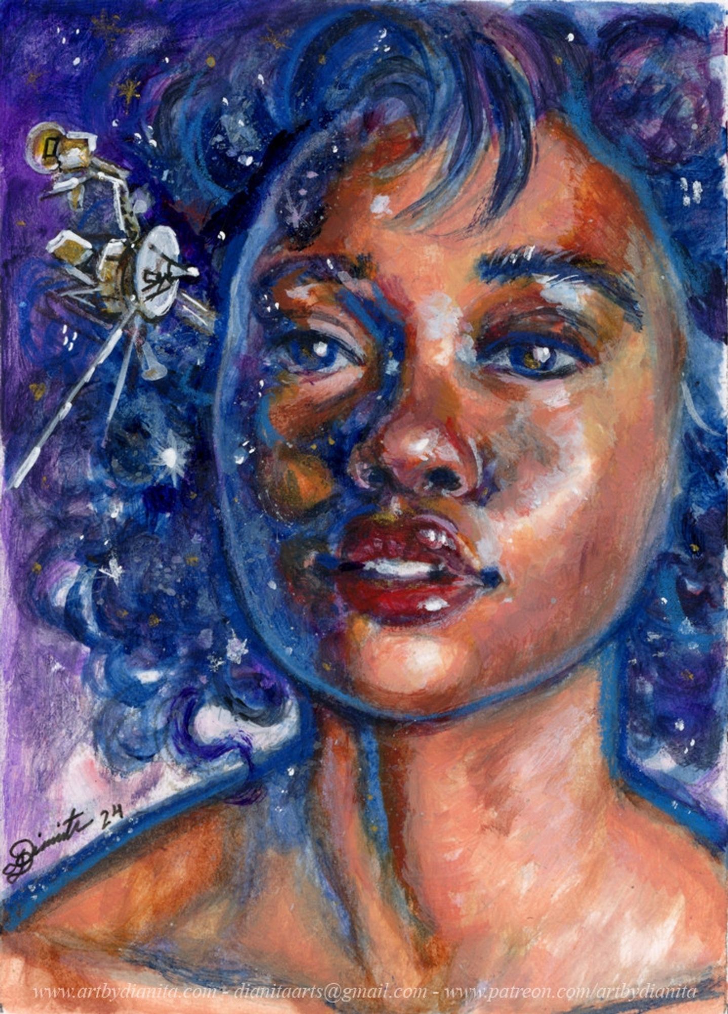 A portrait of a lady with blue and purple hair. In her hair she has stars and to the top left we see one of the Voyager twin probes floating near her.