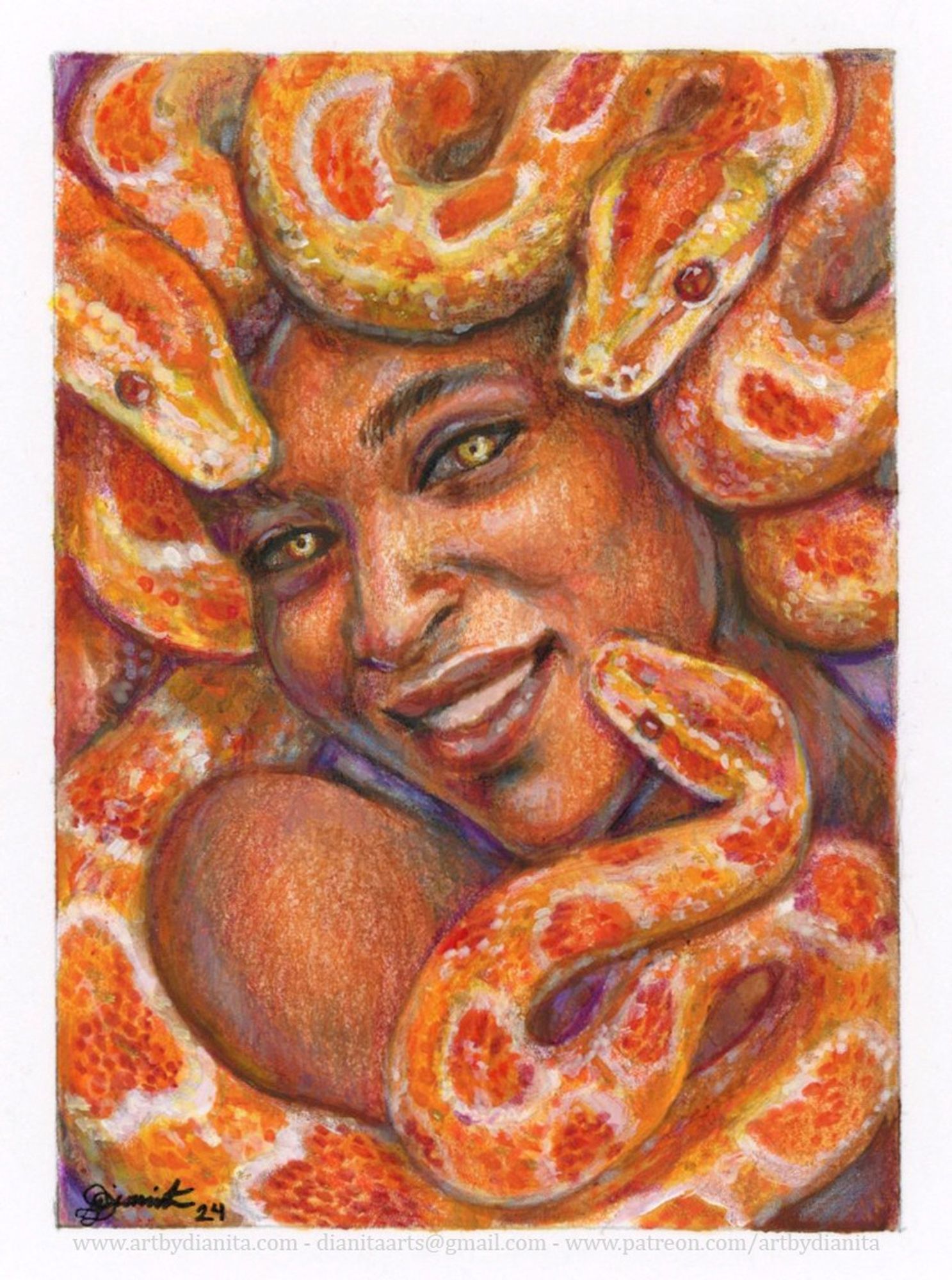 A portrait of a Gorgon. She has dark skin, golden eyes, she's smiling looking at us. Her snakes are orange pythons.