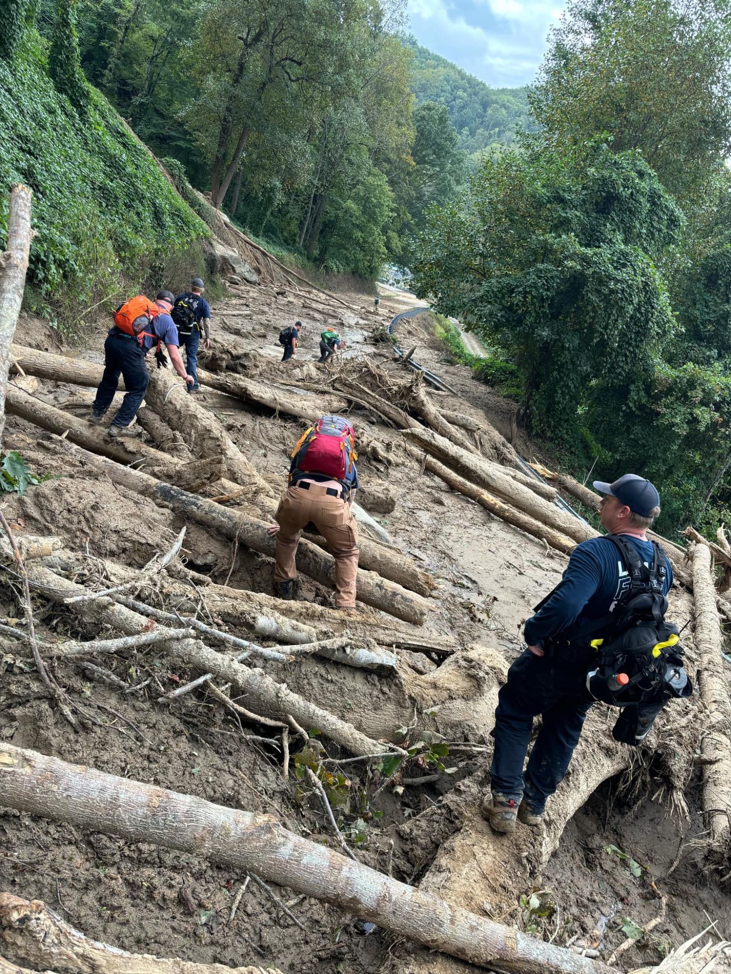 This is the main road to Lake Lure and the towns of Bat Cave and Chimney Rock. Or, was.

A crew of men working to remove downed trees from a road. The road and trees are covered in mud, and the road is completely hidden by debris. It's unclear whether there's still pavement left under it.

On either side of the road are lush green mountainsides, and a hill and some trees are covered in kudzu.