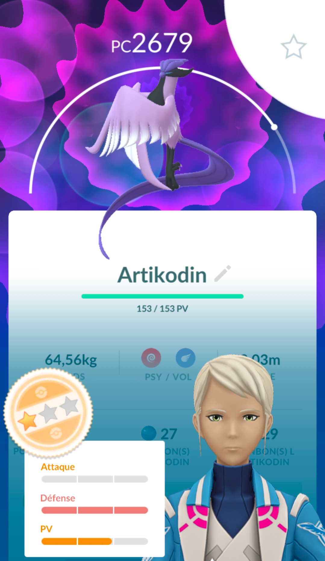 Screenshot from Pokémon Go of the now caught Galarian Articuno. It has HORRIBLE stats : 0 in attack