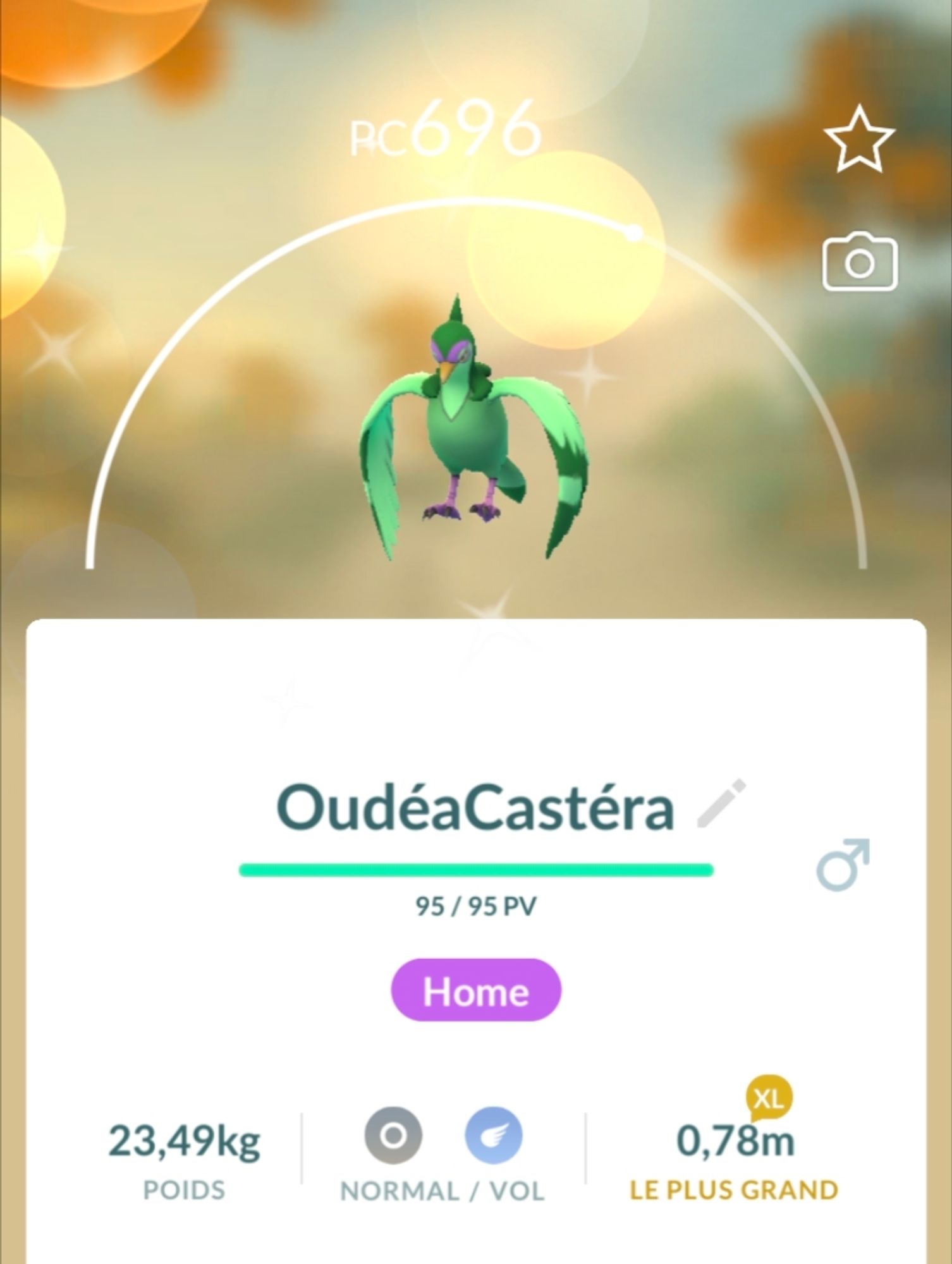 Screenshot from Pokémon Go of a shiny Tranquill named "Oudéa Castéra" in reference to the former clown/minister of sports who bathed in the extremely contaminated Seine earlier this year. The shiny is fluorescent green !