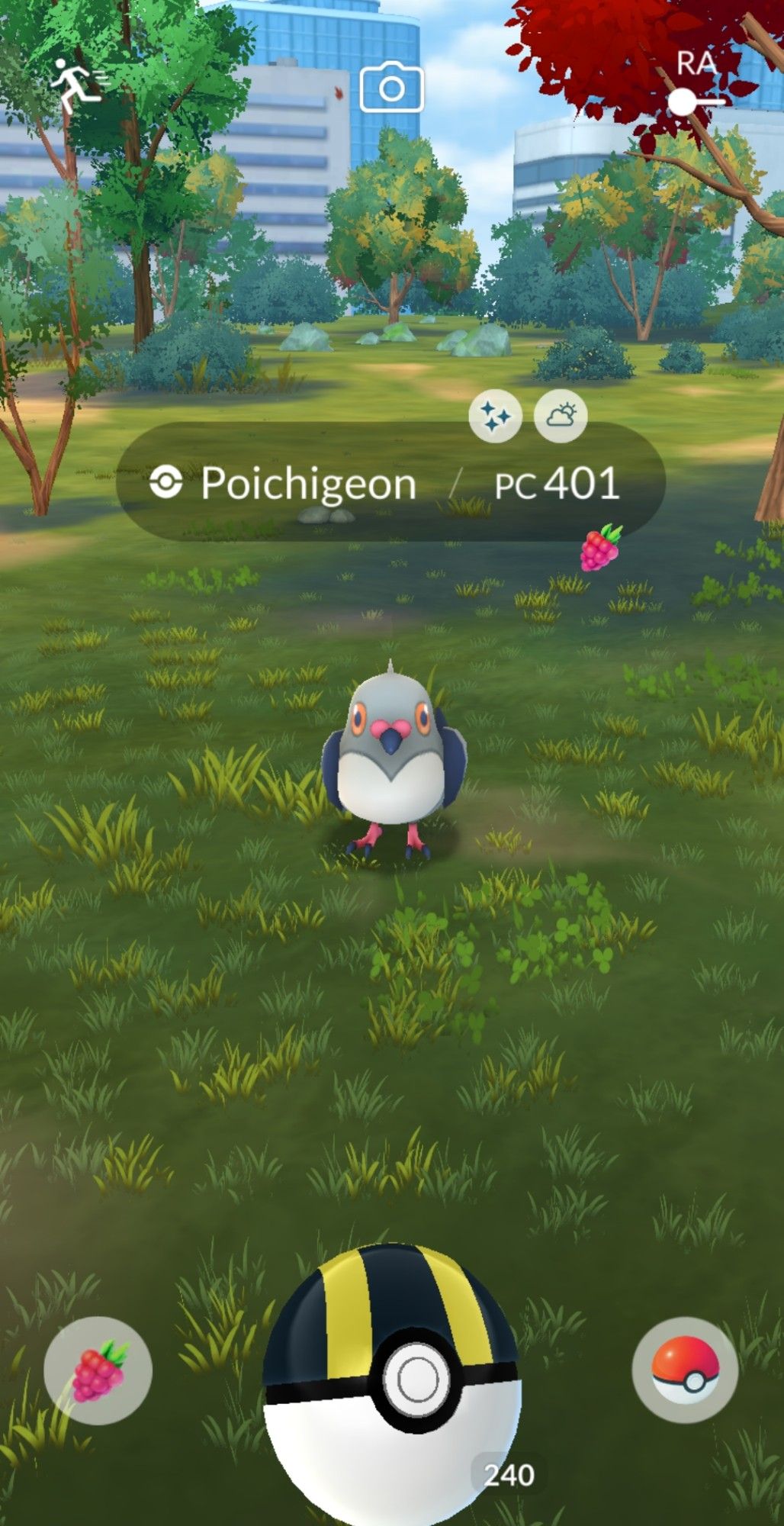 Screenshot from Pokémon Go of a wild shiny Pidove