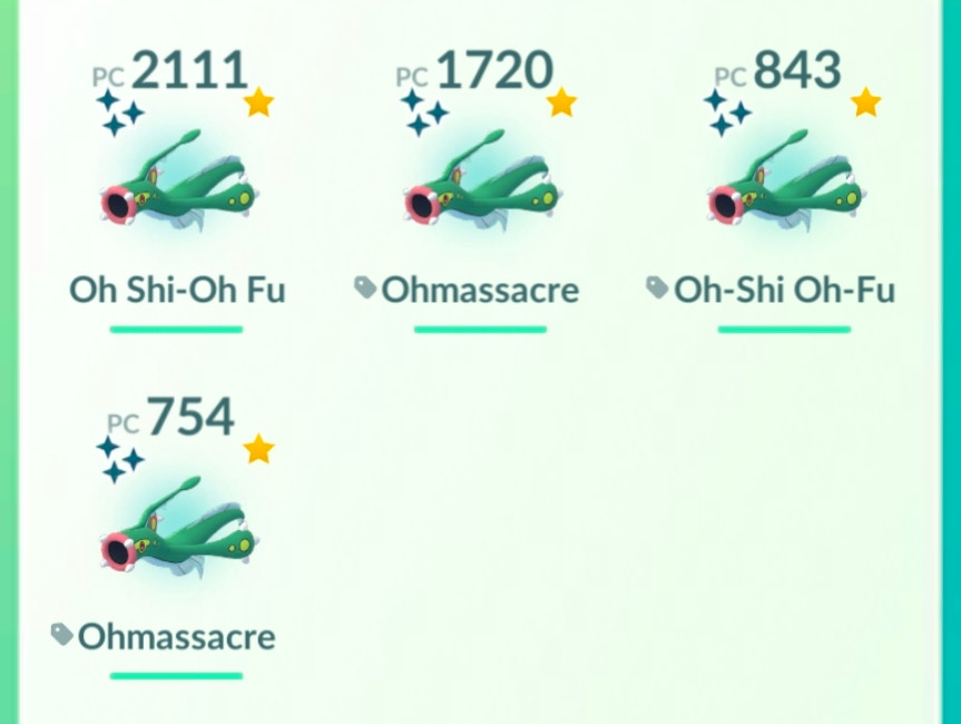 Screenshot from Pokémon Go of the rest of the shiny Tynamo line : 4 shiny Eelektross, two of which are named "Oh Shit Oh Fuck"