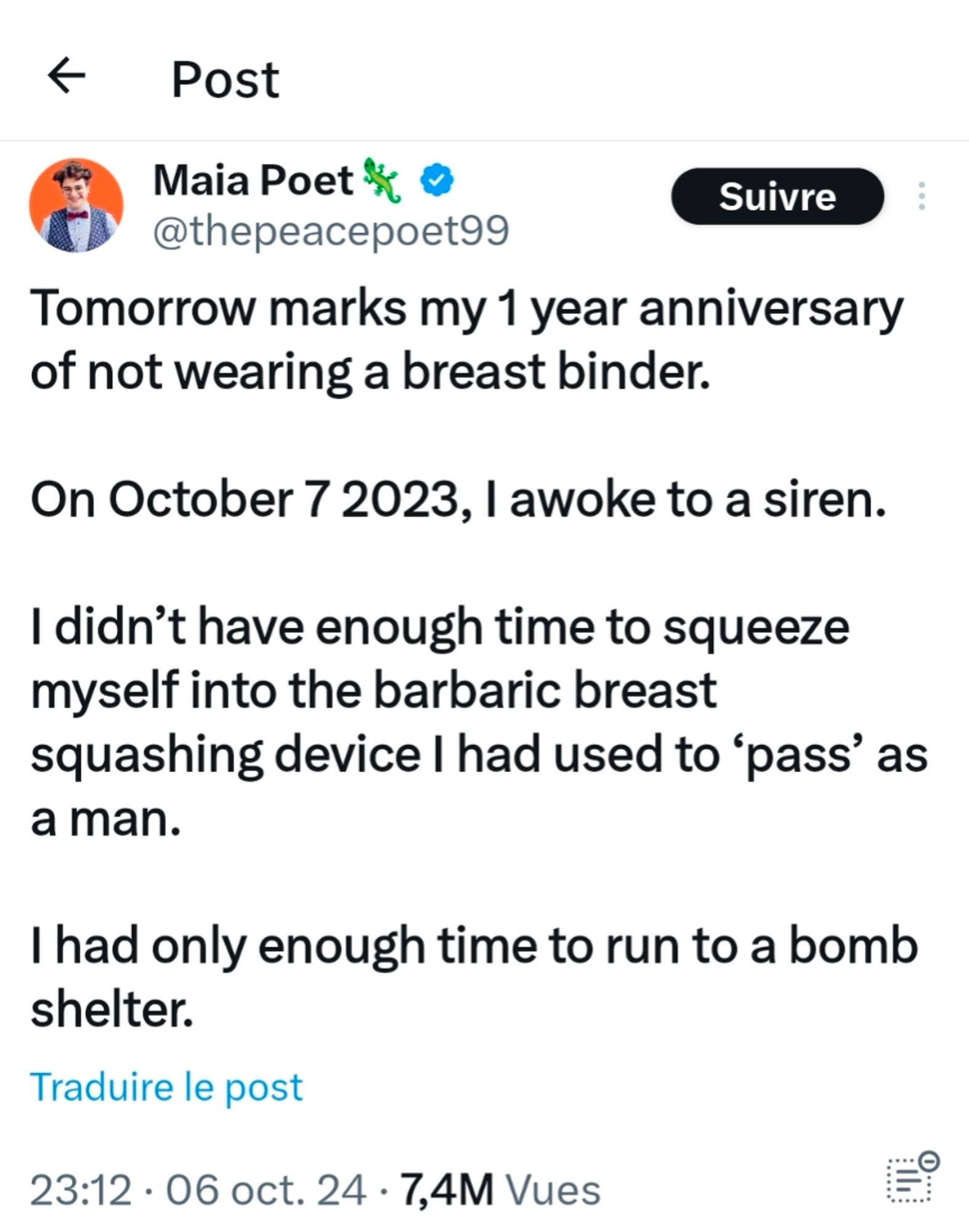 Screenshot of a tweet from the most superwholock looking detransitioner grifter you've ever seen, who also happens to be grifting for Israel as well :
"Tomorrow marks my 1 year anniversary of not wearing a breast binder. 
On October 7 2023, I awoke to a siren. 
I didn’t have enough time to squeeze myself into the barbaric breast squashing device I had used to ‘pass’ as a man.
I had only enough time to run to a bomb shelter."