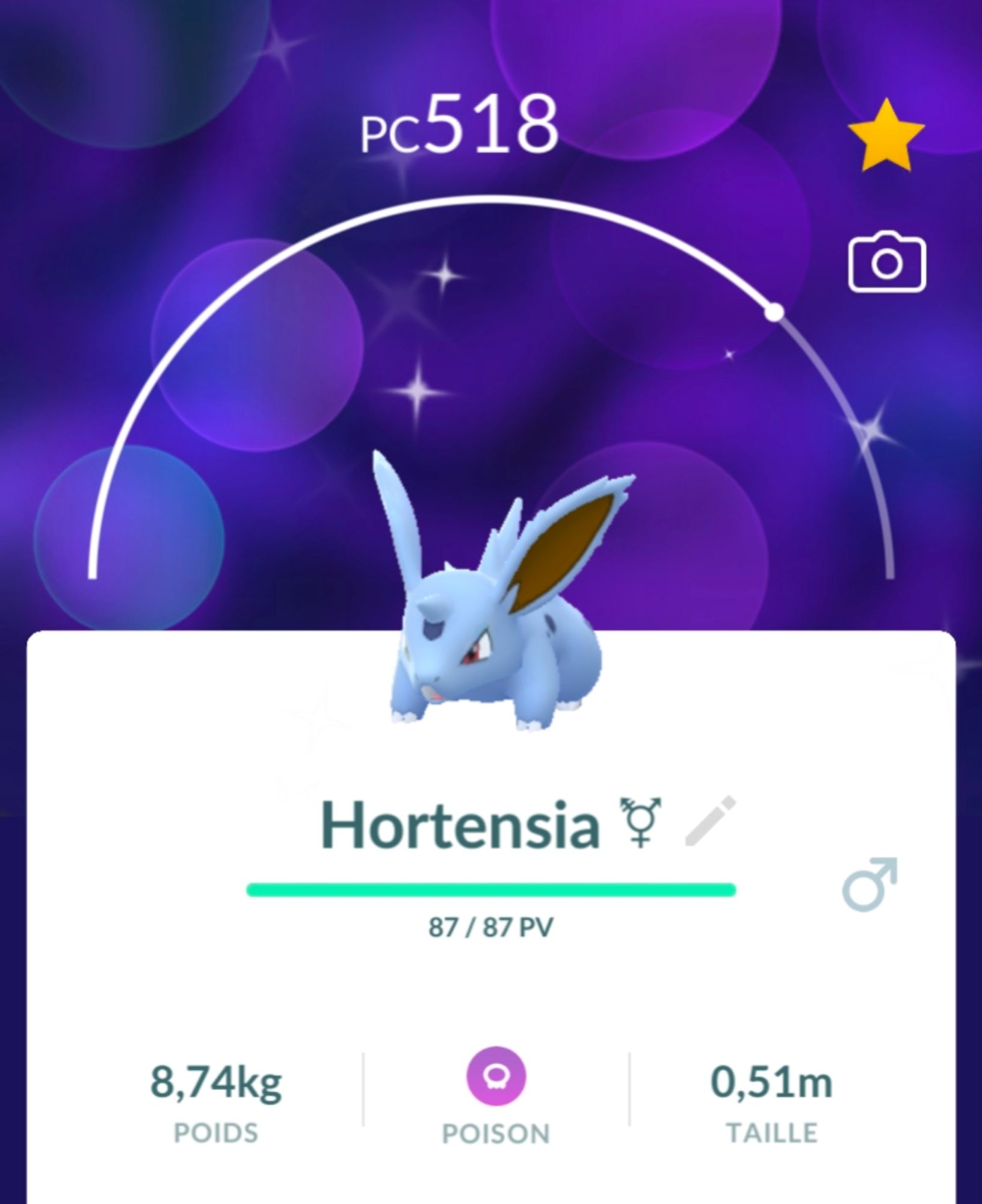 Screenshot from Pokémon Go of a shiny male Nidoran named "Hortensia ⚧️"