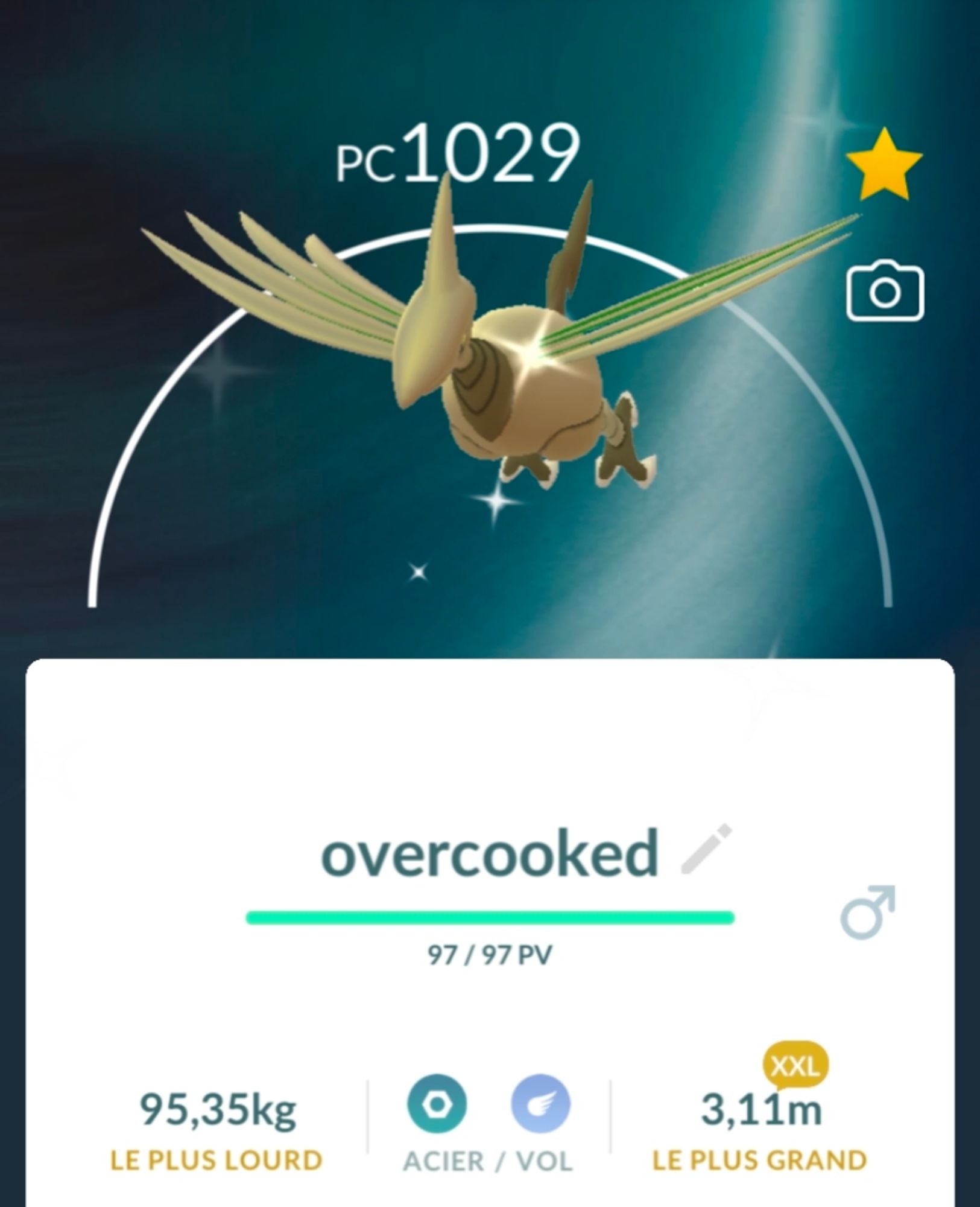 Screenshot from Pokémon Go of a shiny Skarmory named "overcooked"