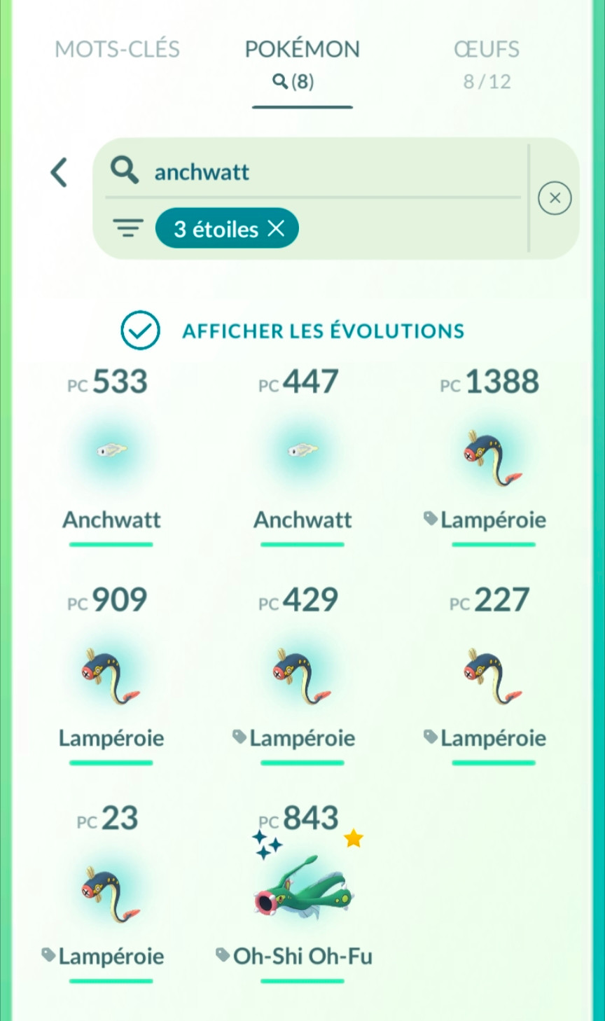 Screenshot from Pokémon Go of my 3-star Pokémon in the Tynamo line, including 3 Eelektrik marked for evolution