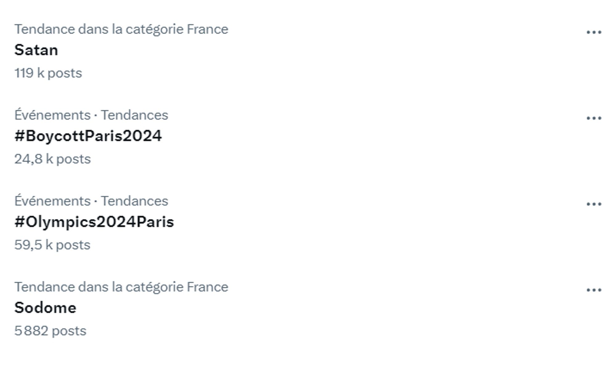 Screenshot of current Twitter trends. The top topics are "Satan", #BoycottParis2024, #Olympics2024Paris, Sodome