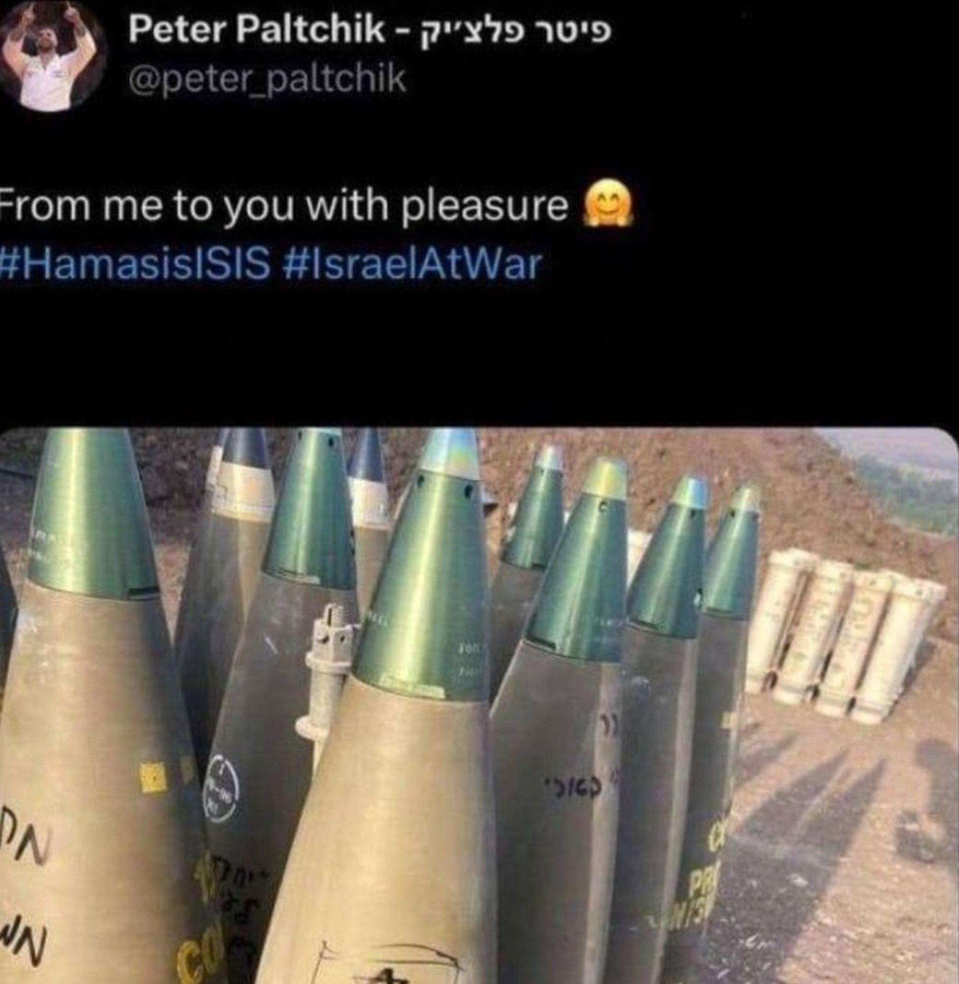 Peter Paltchik, Israel's flag bearer at the 2024 Olympics, has signed bombs used to exterminate palestinians in Gaza. He proudly posted about it on social media, saying it was "a pleasure"