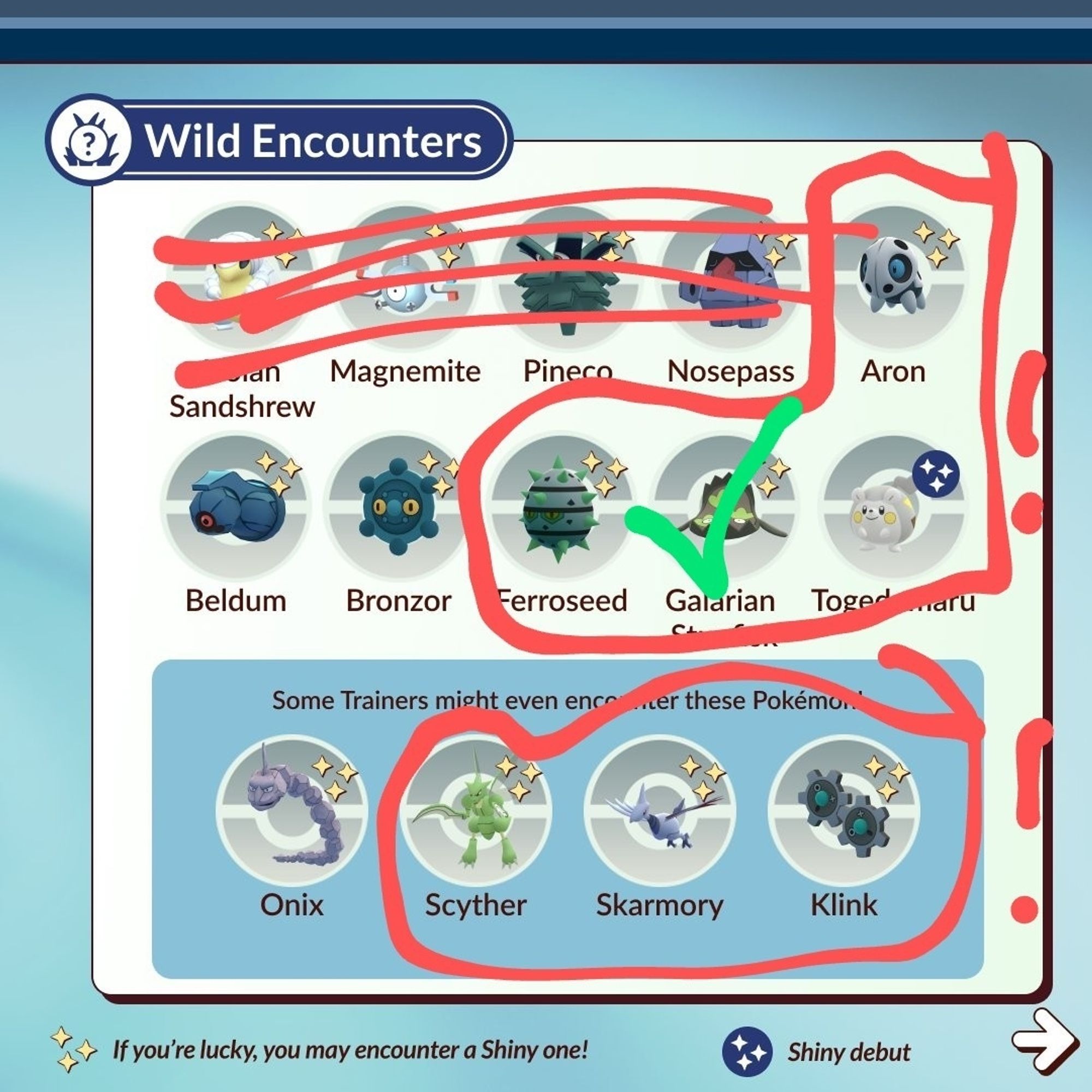 List of Pokémon spawning in the wild in the current Pokémon Go event. Ferroseed, Aron, Togedemaru, Skarmory, Klink, Scyther and Galarian Stunfisk are circled out in red to indicate my shiny hunting targets. Galarian Stunfisk is ticked off