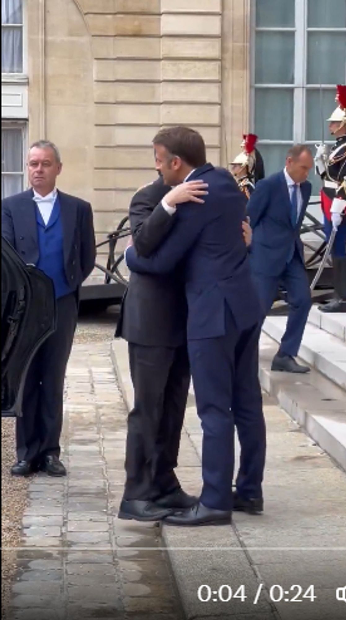 French president and wannabe emperor Emmanuel Macron giving a warm embrace to Isaac Herzog, the president of the terrorist colony calling itself "Israel"